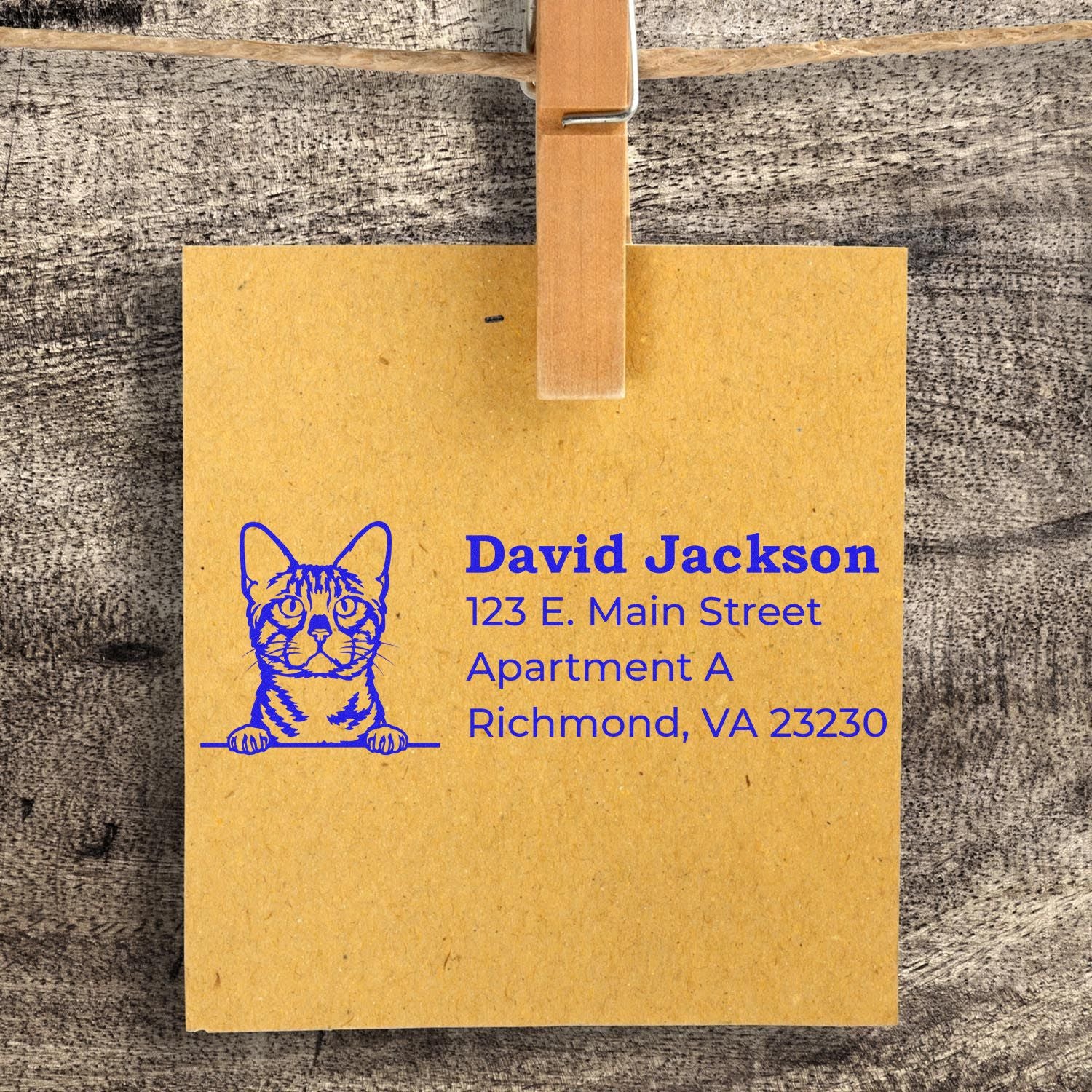 Custom return address rubber stamp with cat design on kraft envelope for personalized pet-themed mailing.