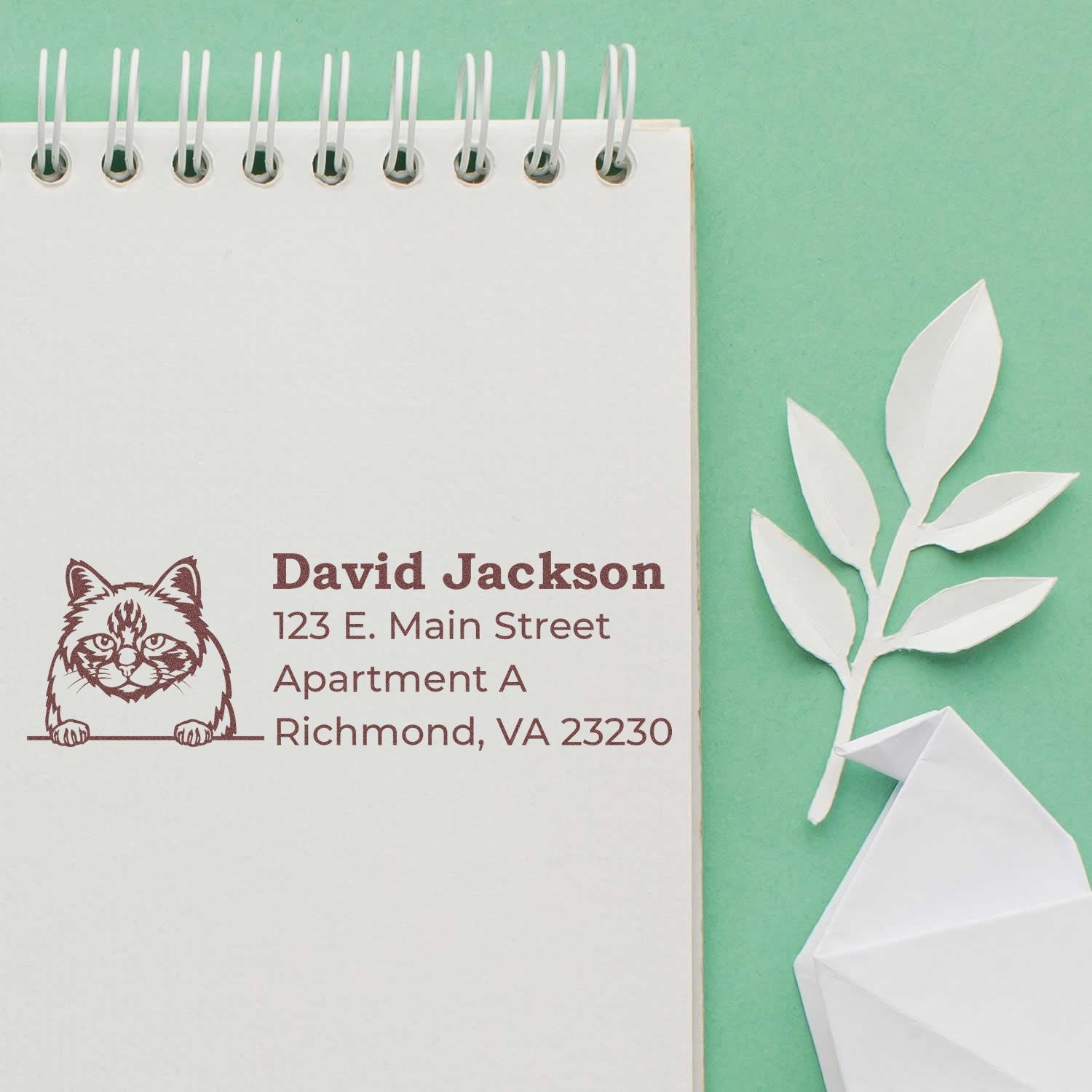 Custom cat return address rubber stamp on notebook, featuring David Jackson's Richmond, VA address.