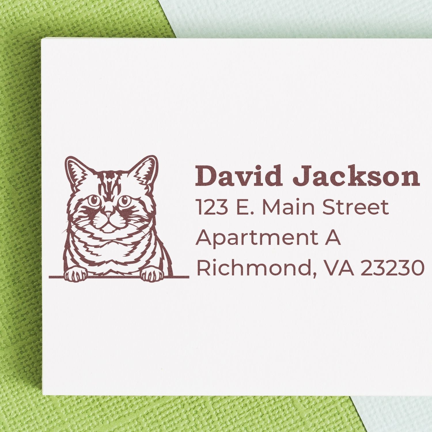 Personalized return address rubber stamp with cat illustration, name, apartment address, and Richmond, VA details.