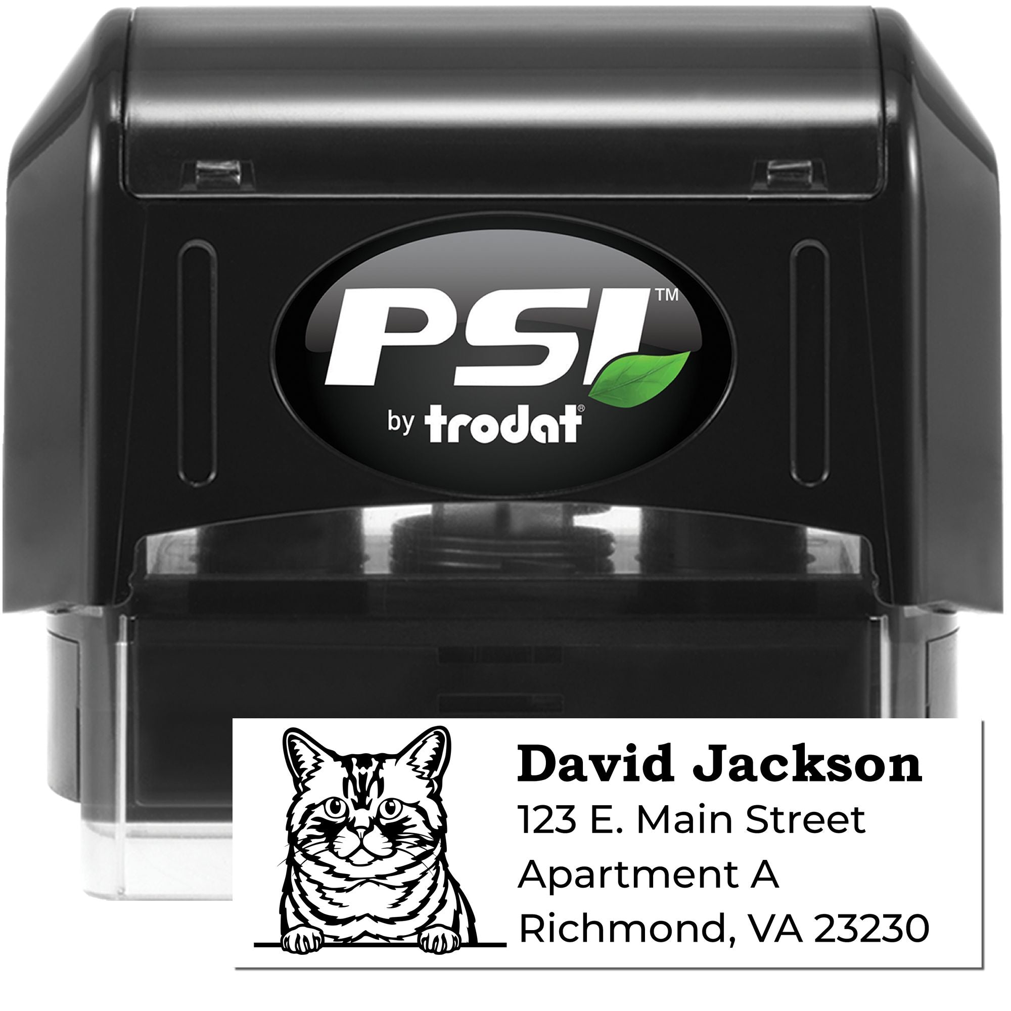 PSI by Trodat self-inking rubber stamp with custom cat address imprint for personalized mailing labels and return address use