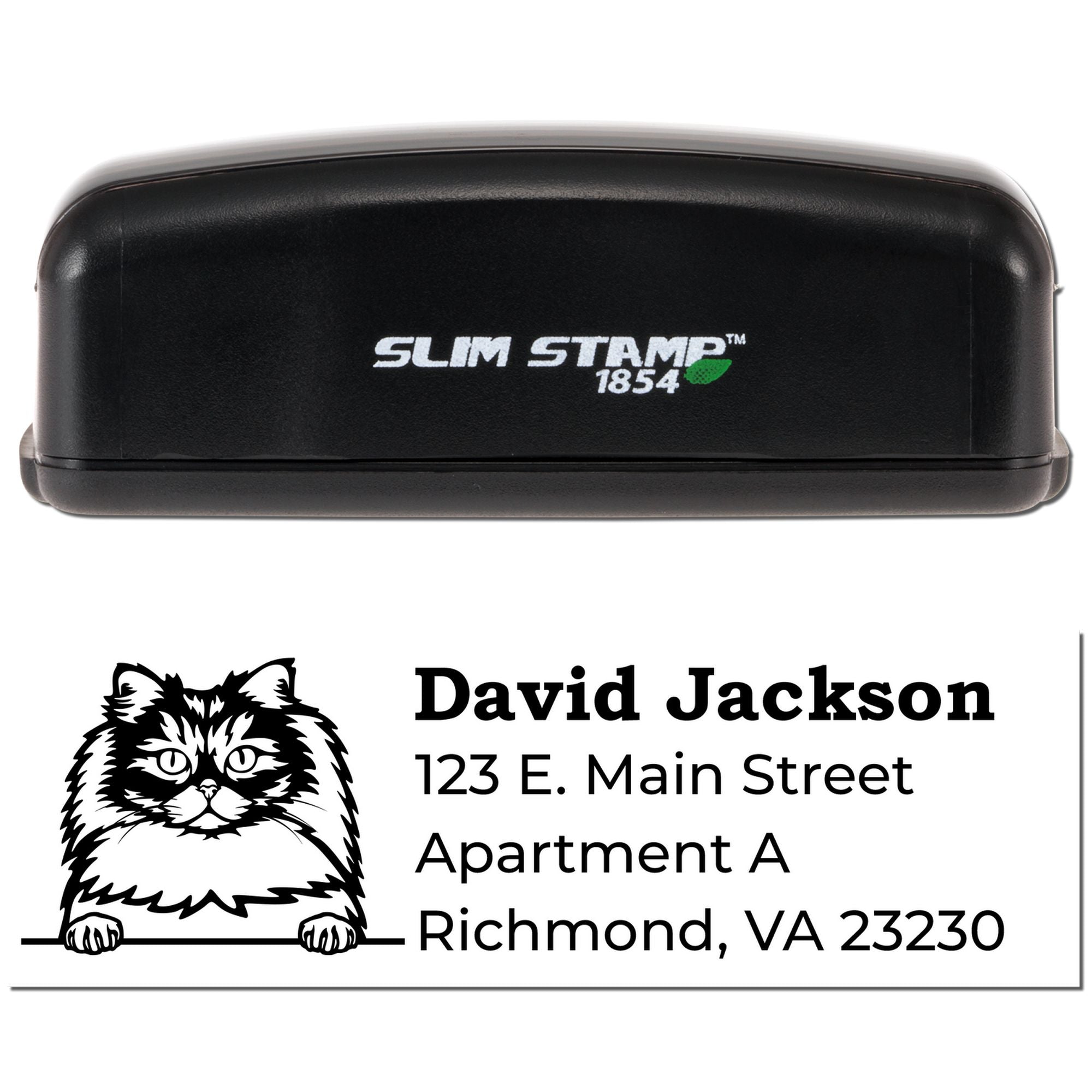 Custom Slim Stamp 1854 rubber address stamp with cat design and personalized return address.