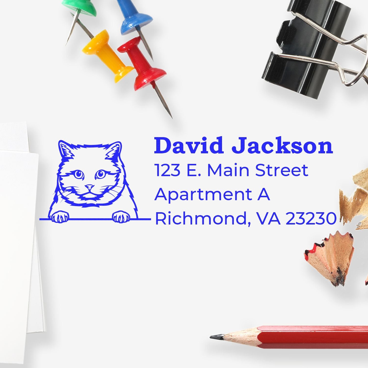 Custom return address rubber stamp with cat design, showing blue ink impression for David Jackson, Richmond, VA.