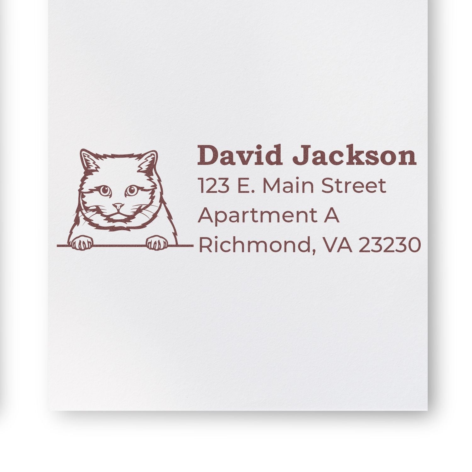 Personalized cat return address rubber stamp for David Jackson, 123 E. Main Street, Richmond, VA 23230.