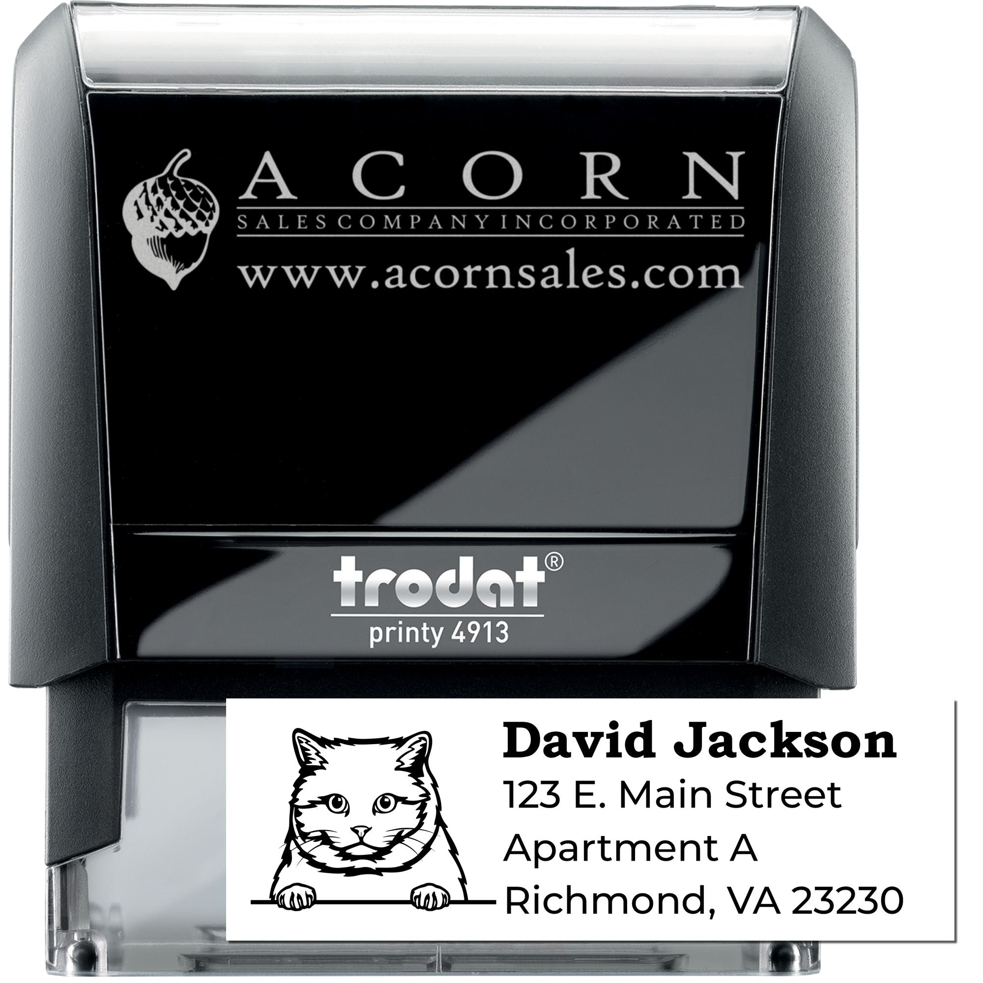 Custom self-inking rubber stamp with logo and address, Trodat Printy 4913 business address stamp for mailing.