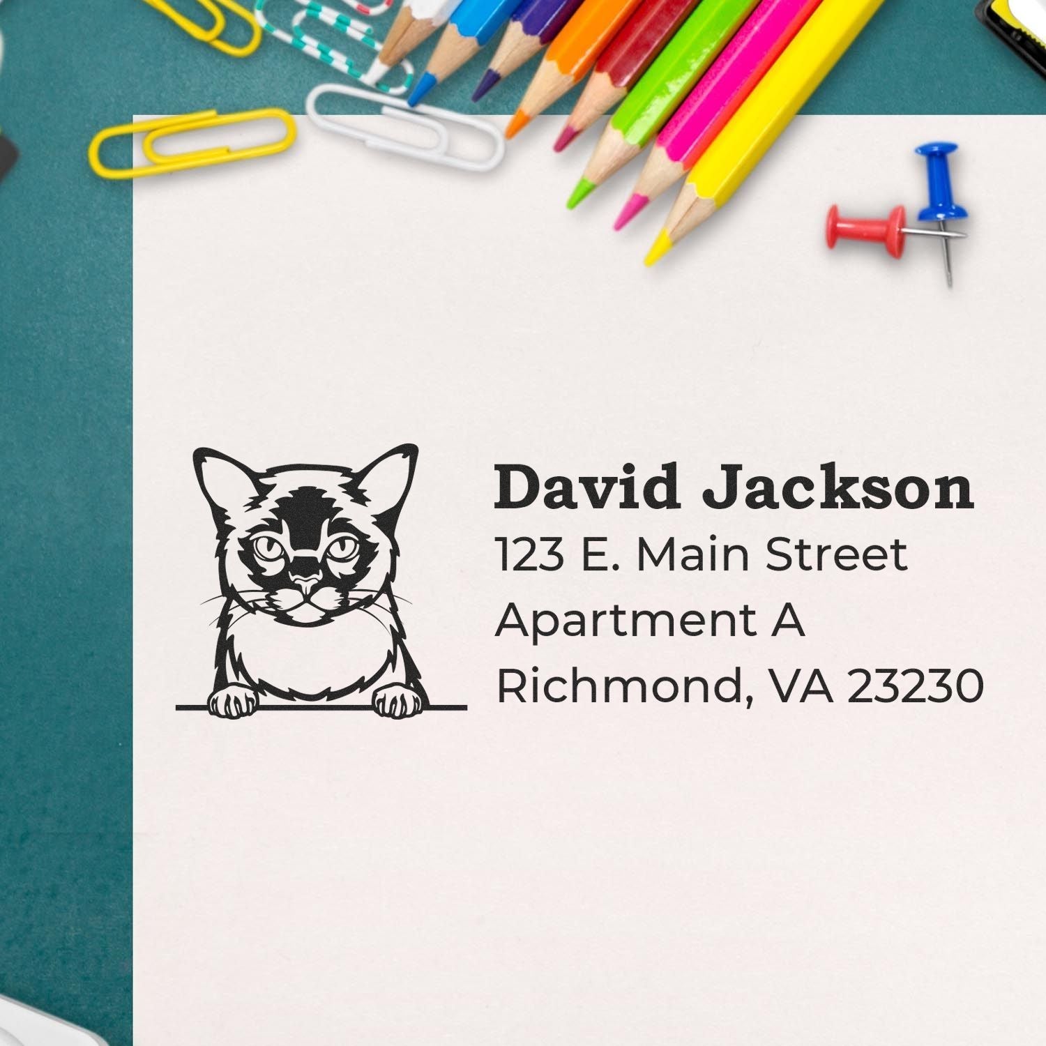Custom cat return address rubber stamp design with personalized name and mailing address, shown on a stationery layout.