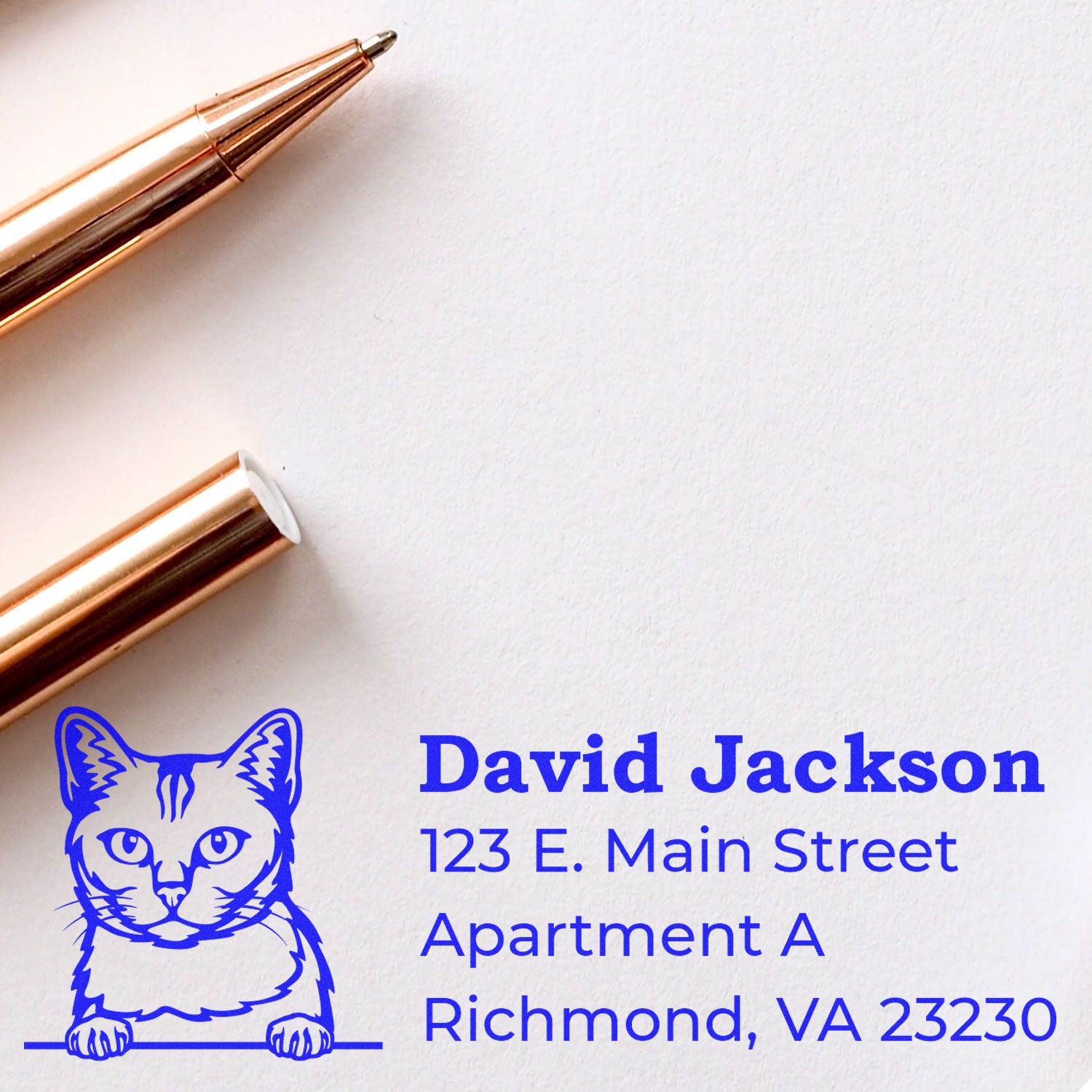 Custom cat return address rubber stamp with name and address for personalized mail, envelopes, and stationery.