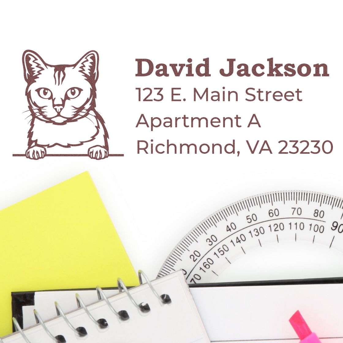 Personalized cat return address rubber stamp with name and Richmond, VA address for envelopes, mailings, and stationery.