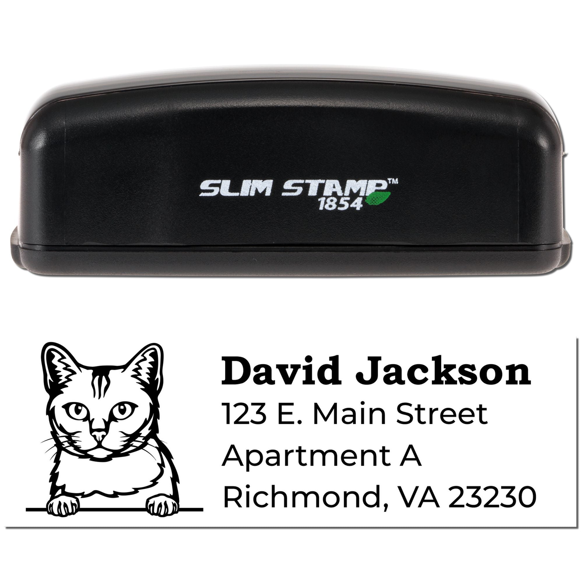 Custom self-inking rubber address stamp with cat design for David Jackson, 123 E. Main Street, Richmond, VA 23230.