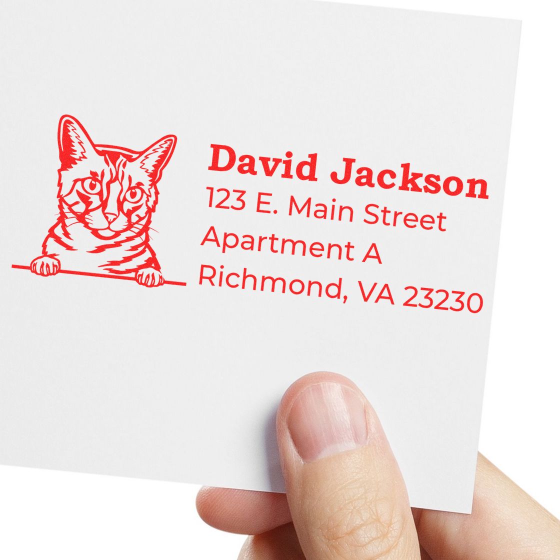 Personalized cat return address rubber stamp impression with name and address in red on a white envelope.