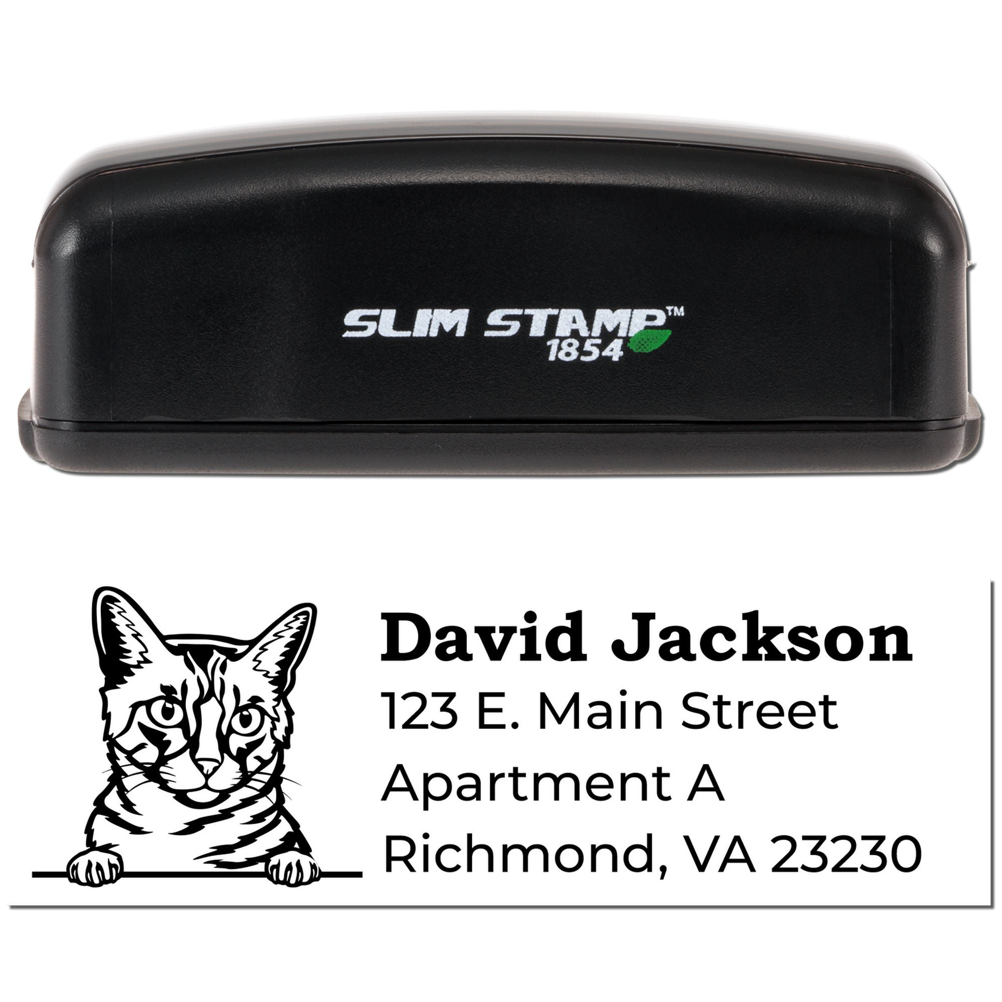 Custom Slim Stamp 1854 address rubber stamp with cat design, personalized for David Jackson mailing labels and envelopes.