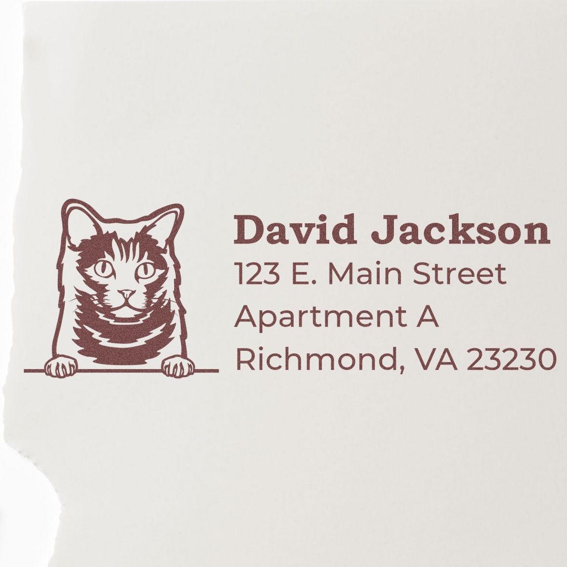 Personalized cat address rubber stamp for David Jackson, 123 E. Main Street, Apartment A, Richmond, VA 23230.