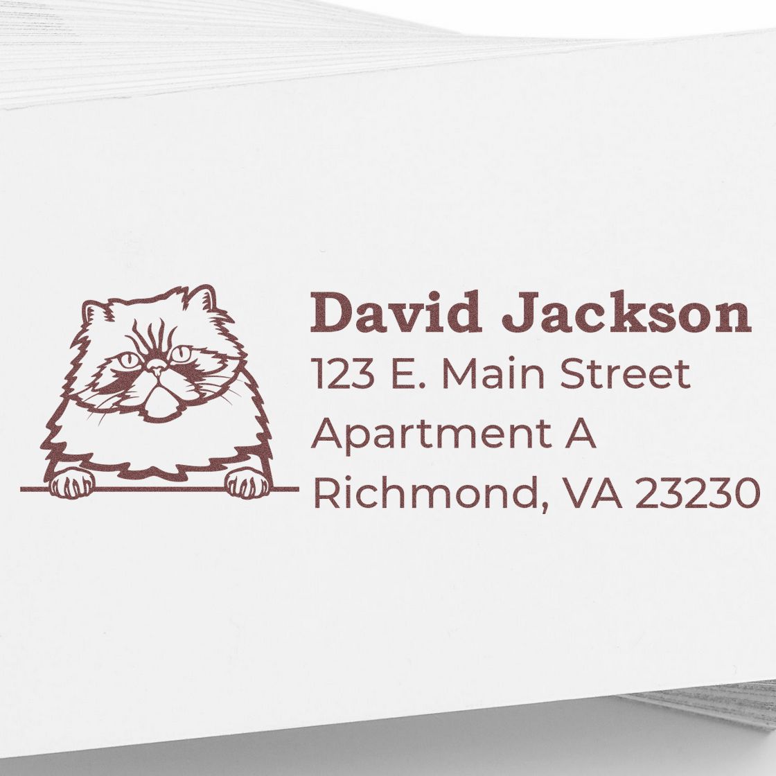 Custom cat return address rubber stamp with name and apartment address for personalized mailing and stationery.