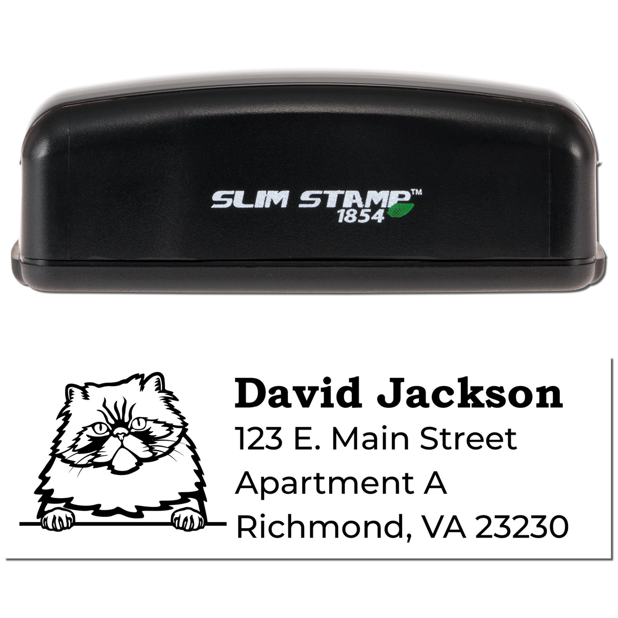 Slim Stamp 1854 self-inking custom rubber address stamp with cat design for David Jackson return address, Richmond VA.