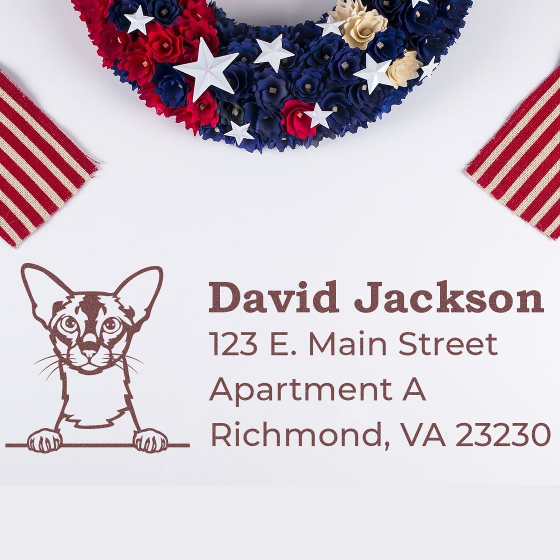 Personalized return address rubber stamp with cat illustration for David Jackson, Richmond, VA.