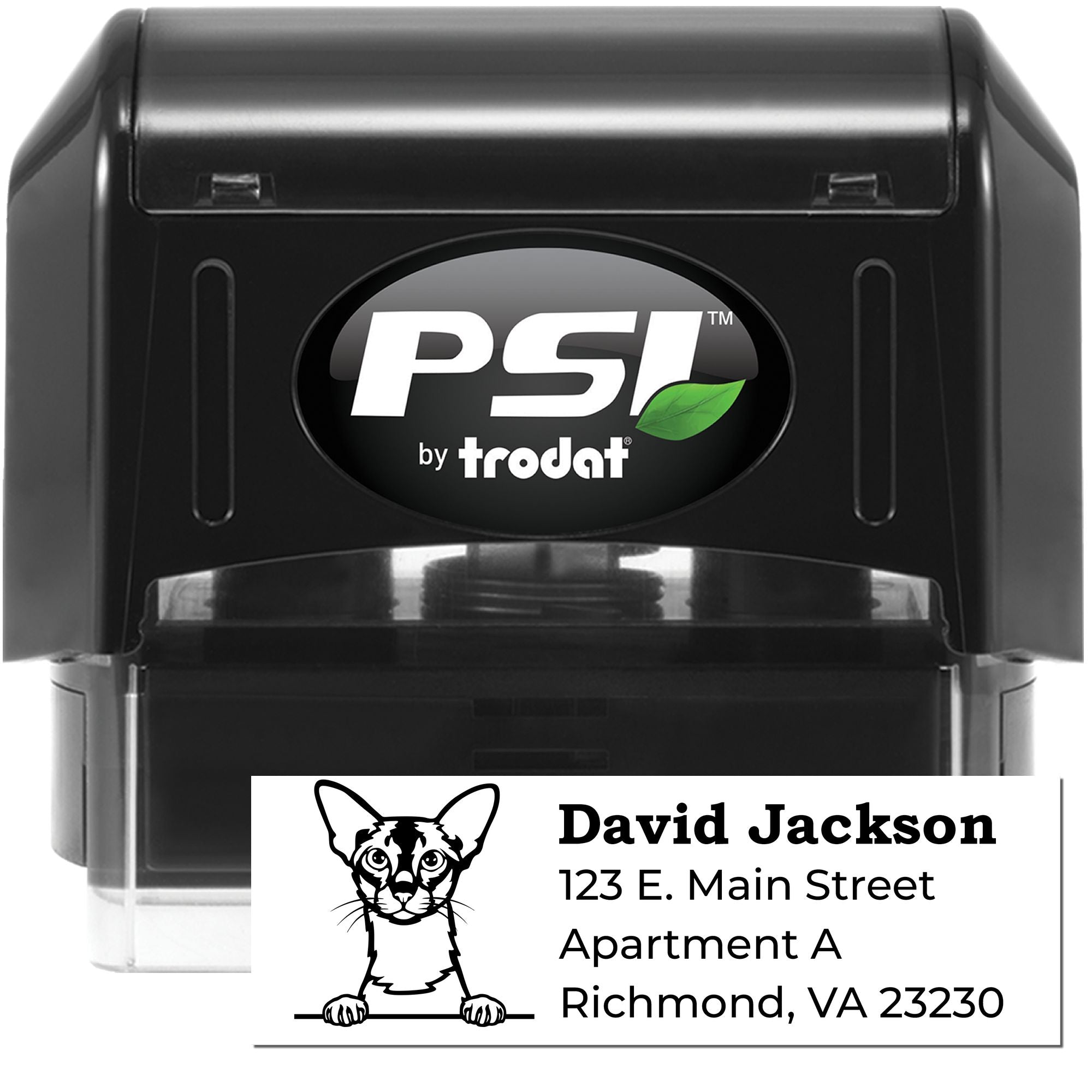 Custom self-inking address rubber stamp with cat logo, ideal for personalized mailing and branding