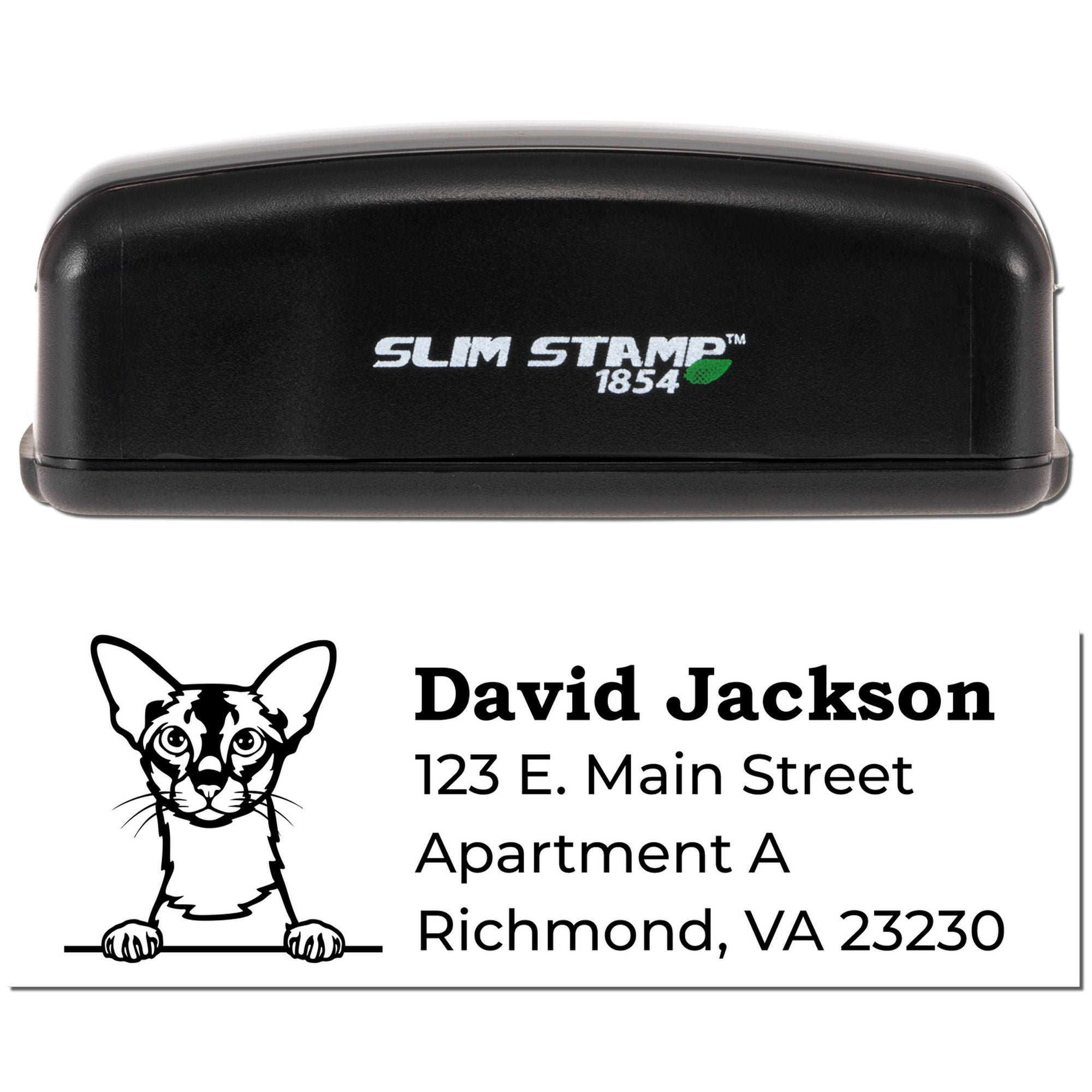 Custom self-inking Slim Stamp 1854 rubber stamp with cat logo and return address for mailing.