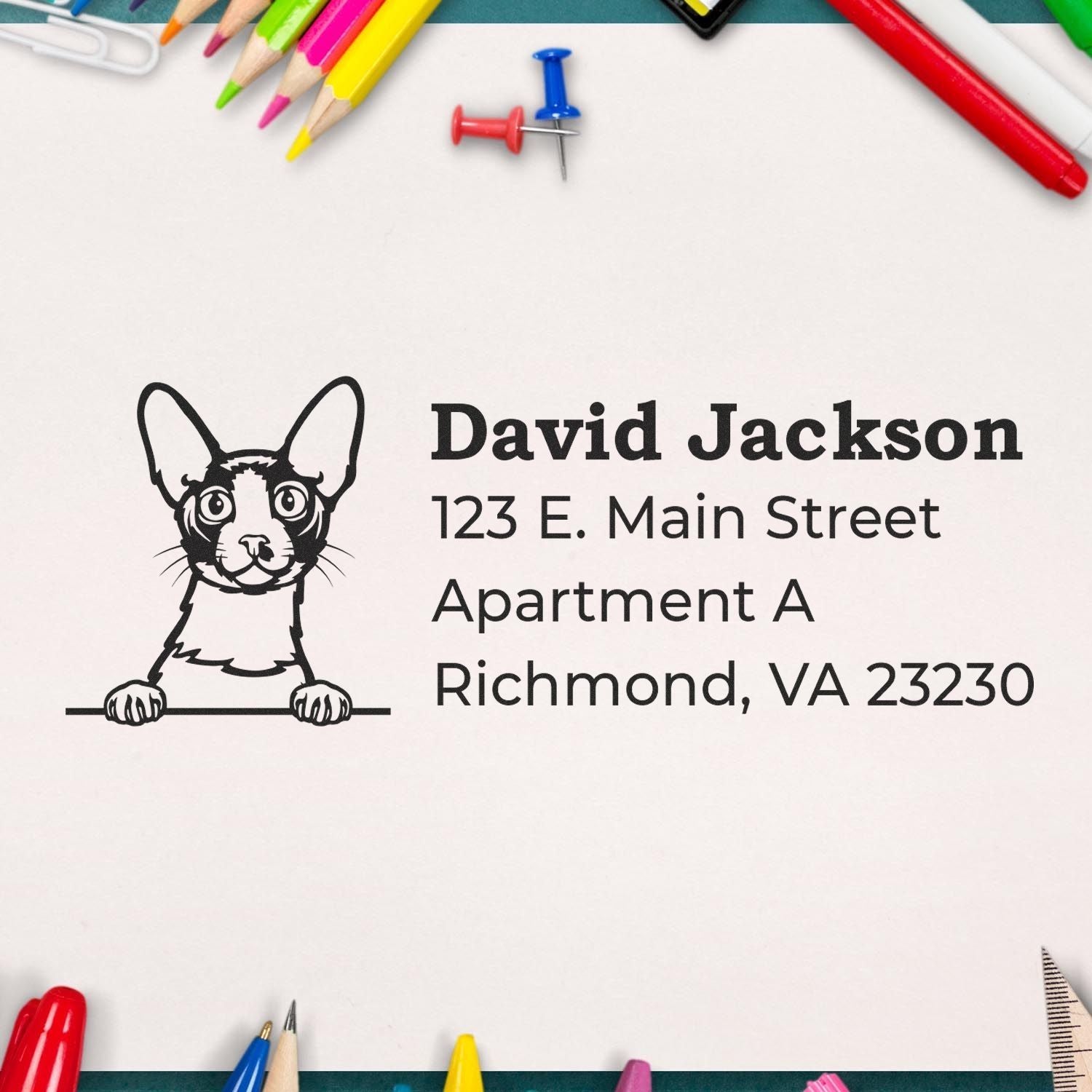 Custom address rubber stamp with dog illustration, personalized name and address for pet-themed mailings.
