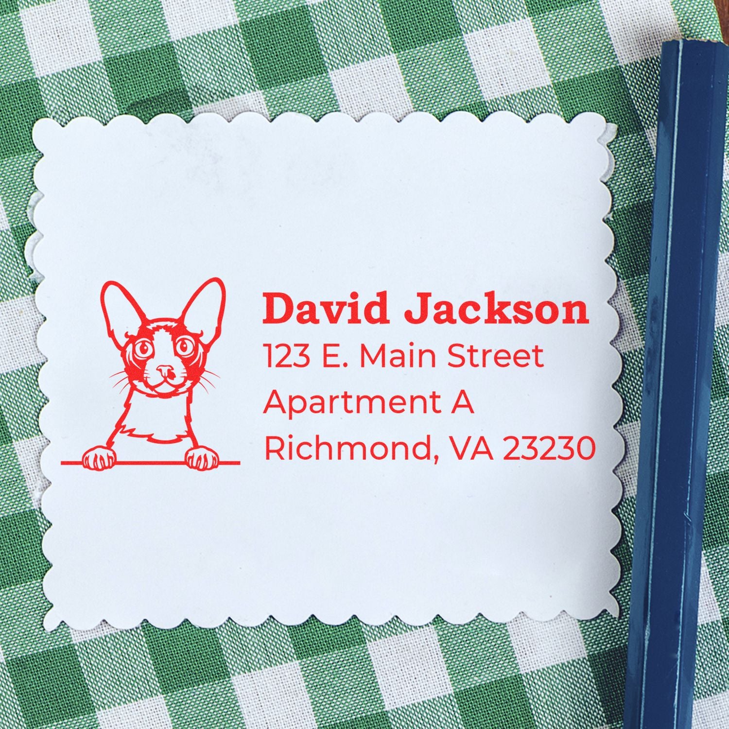 Custom address rubber stamp with dog illustration for David Jackson, 123 E. Main Street, Richmond, VA 23230.