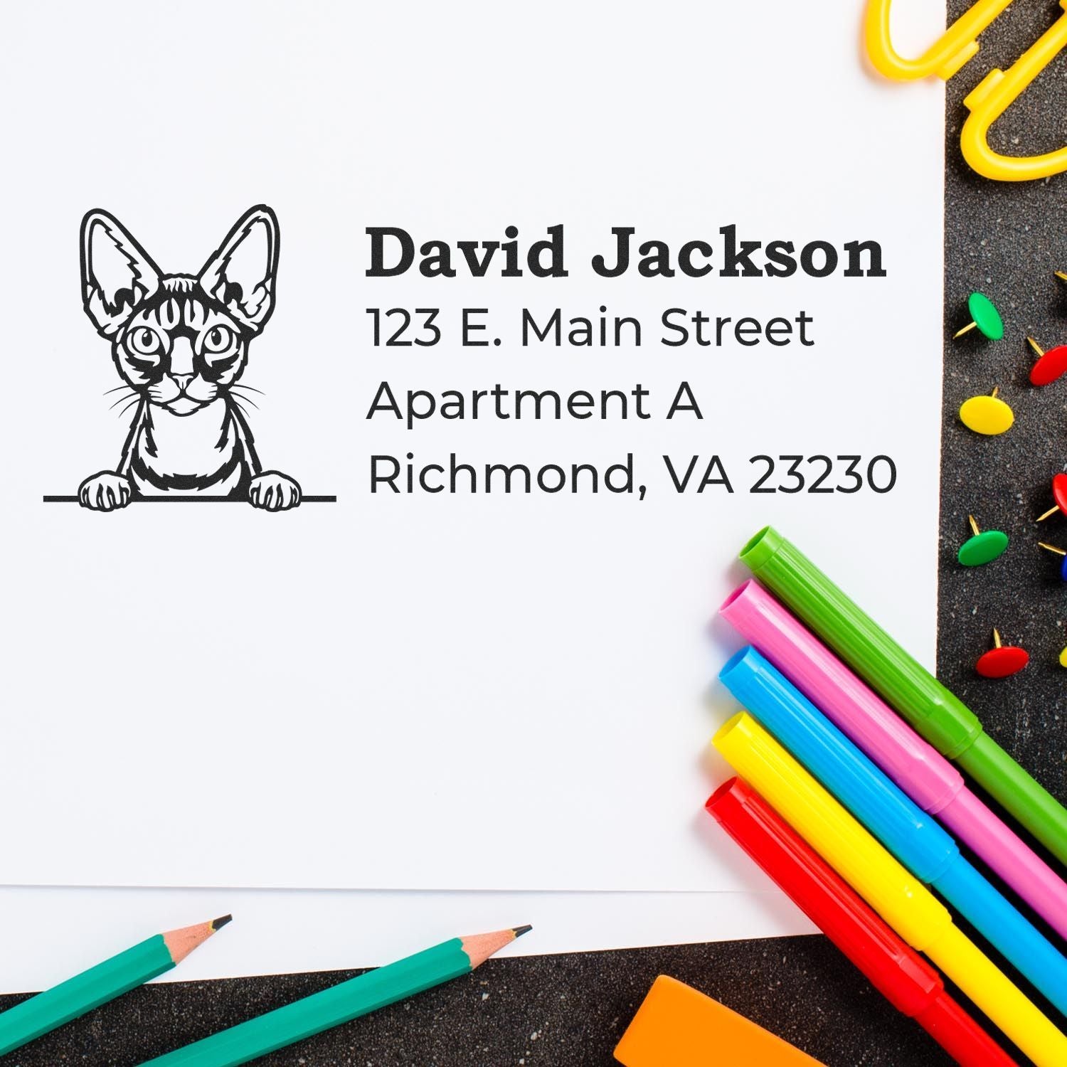 Personalized cat address rubber stamp with David Jackson name and Richmond, VA mailing address