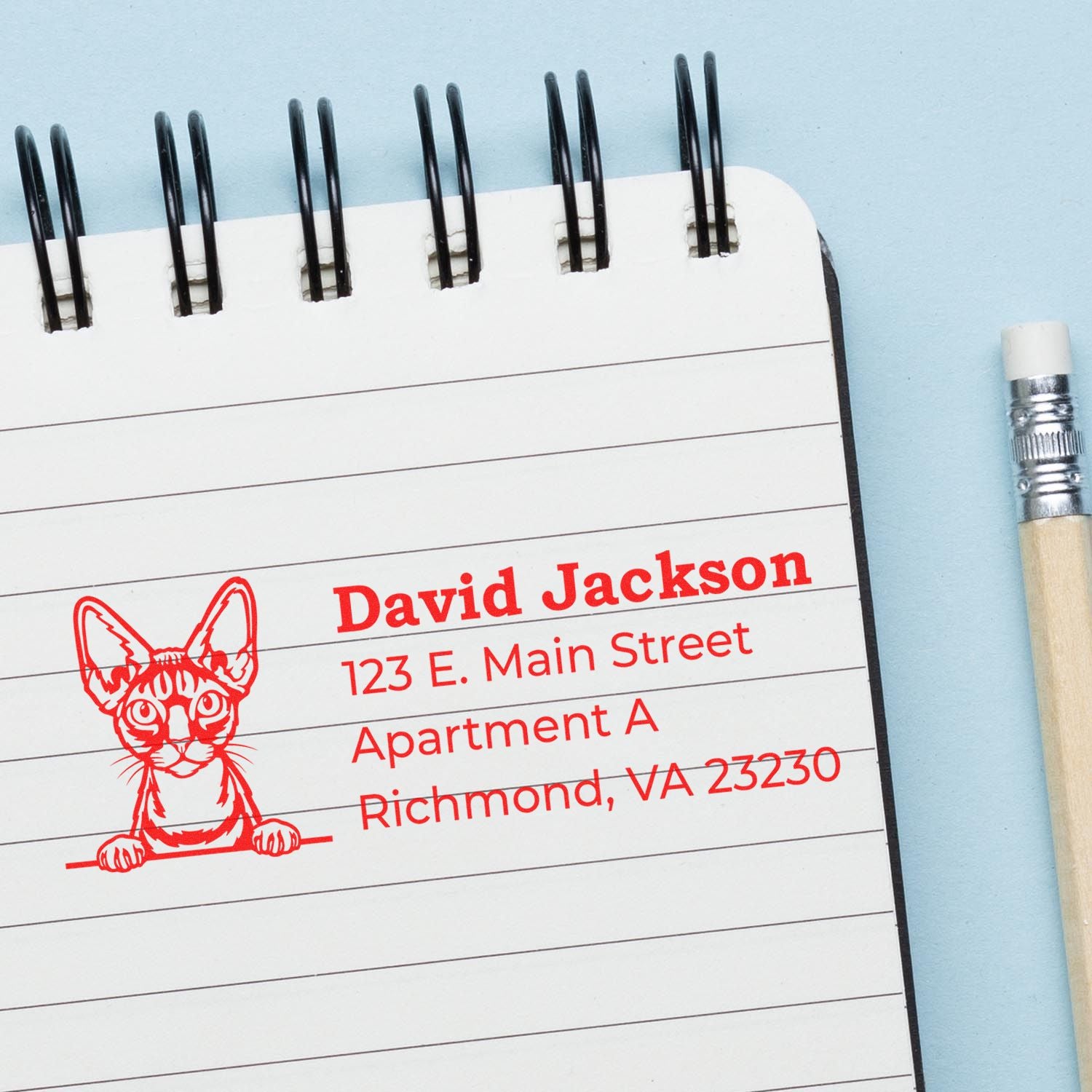 Personalized rubber address stamp with cat illustration, used to imprint name and mailing address on a notebook page.