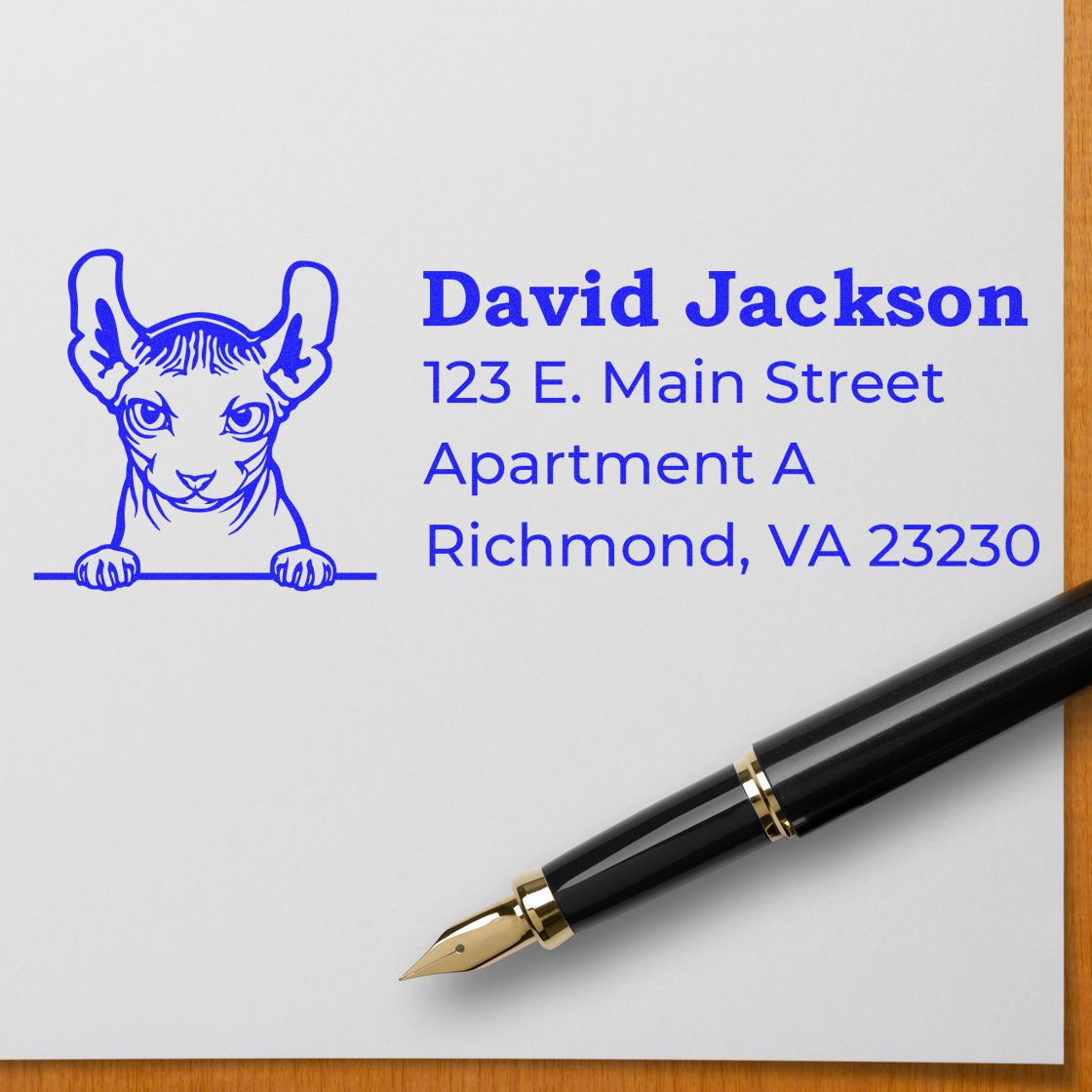 Custom return address rubber stamp with pet portrait for David Jackson, Richmond, VA 23230