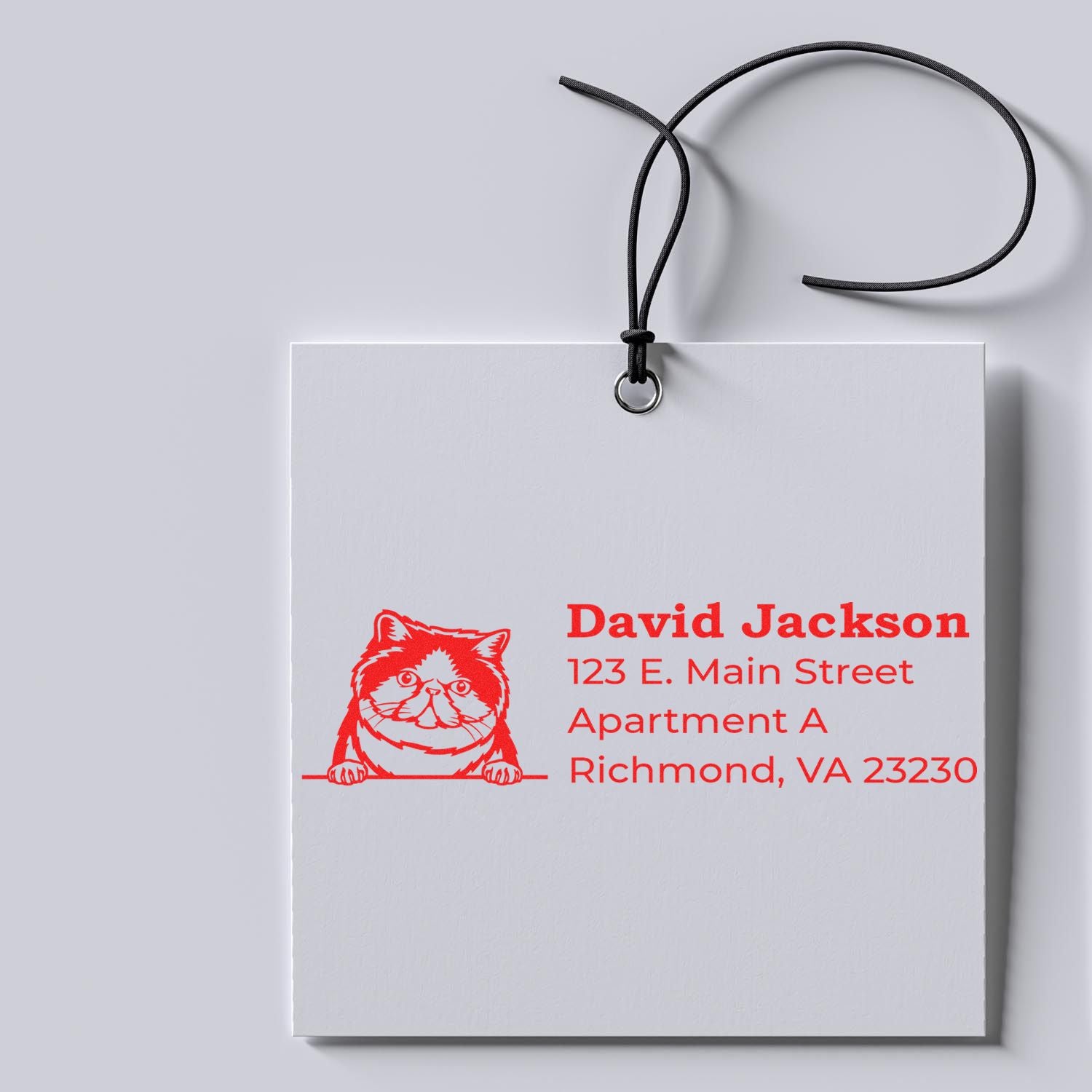 Personalized return address rubber stamp with cat design, used on a hanging gift tag