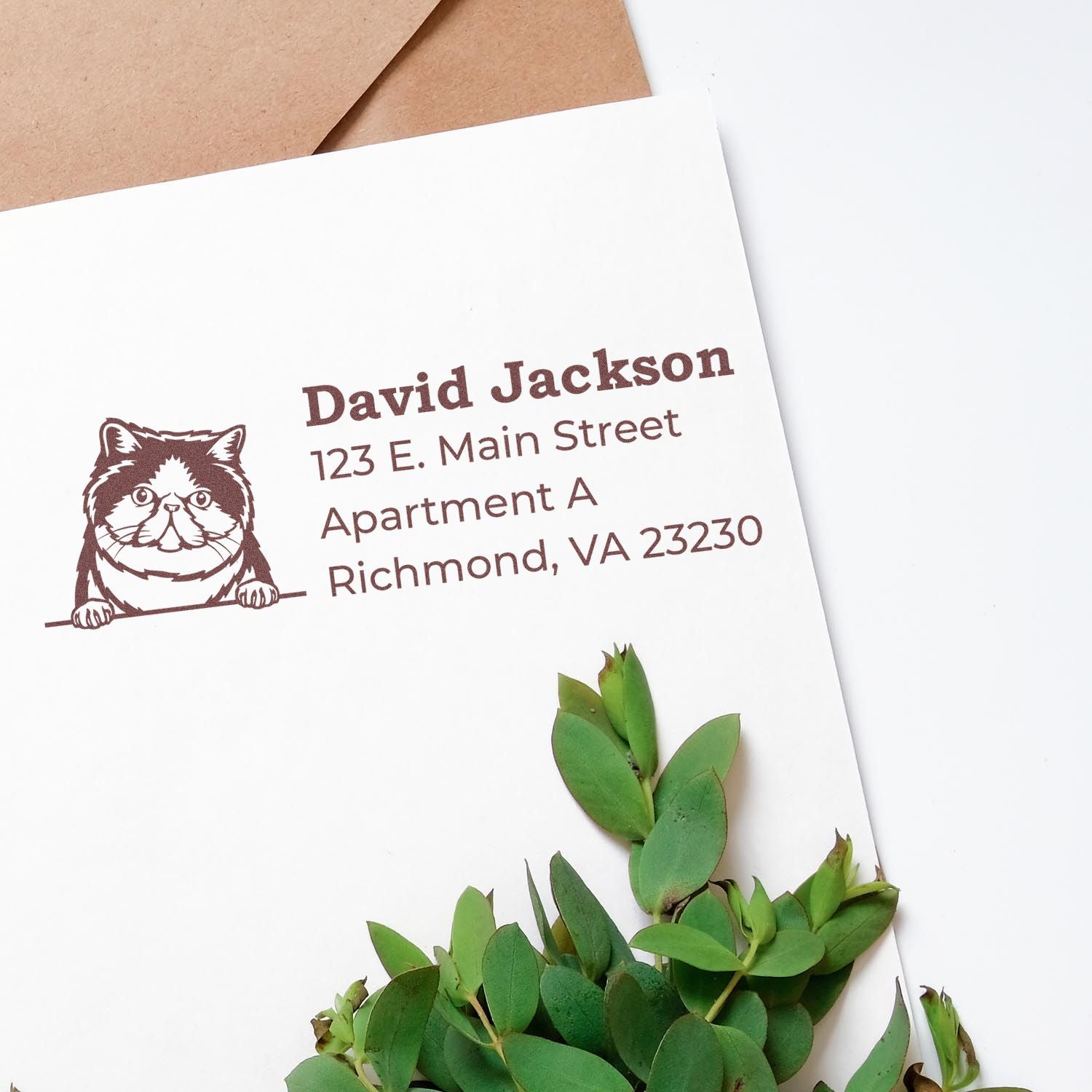 Custom cat address rubber stamp on envelope featuring name, street address, and Richmond, VA mailing details.