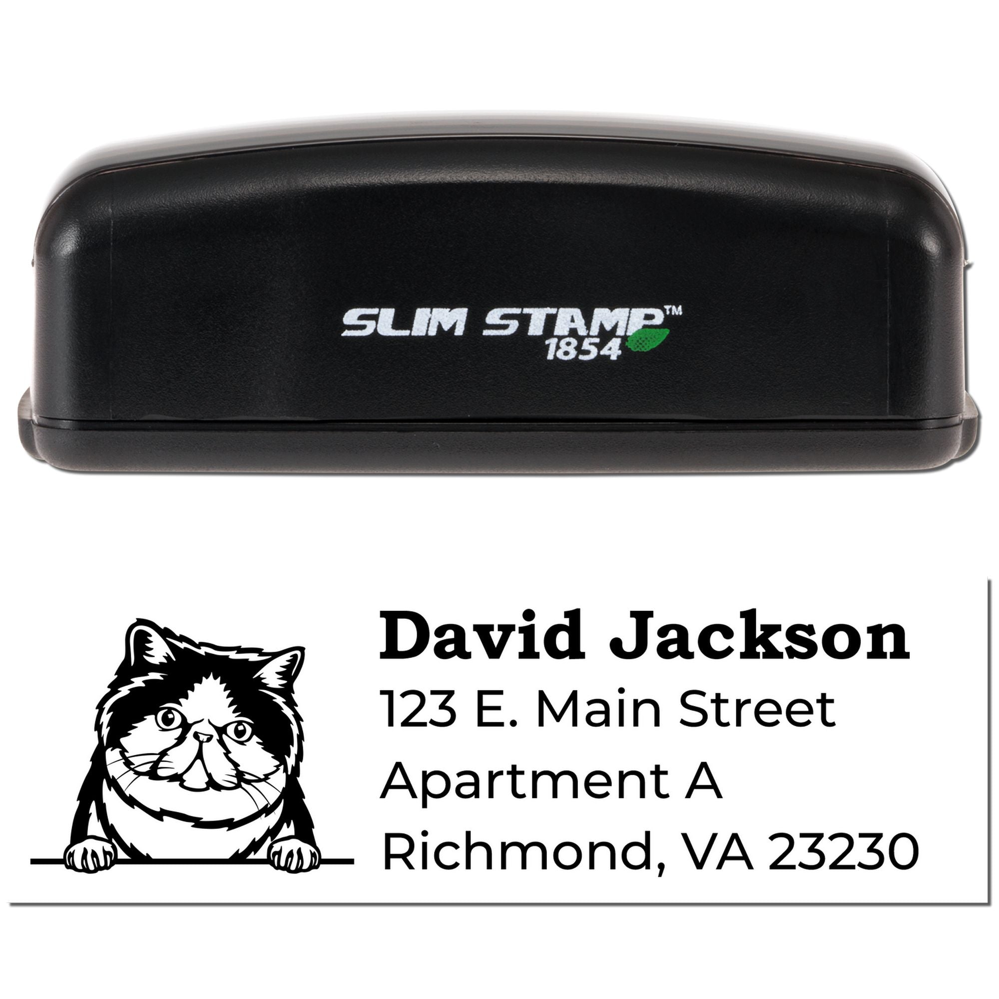 Custom self-inking rubber address stamp with cat logo, name, and mailing address for personalized mail.