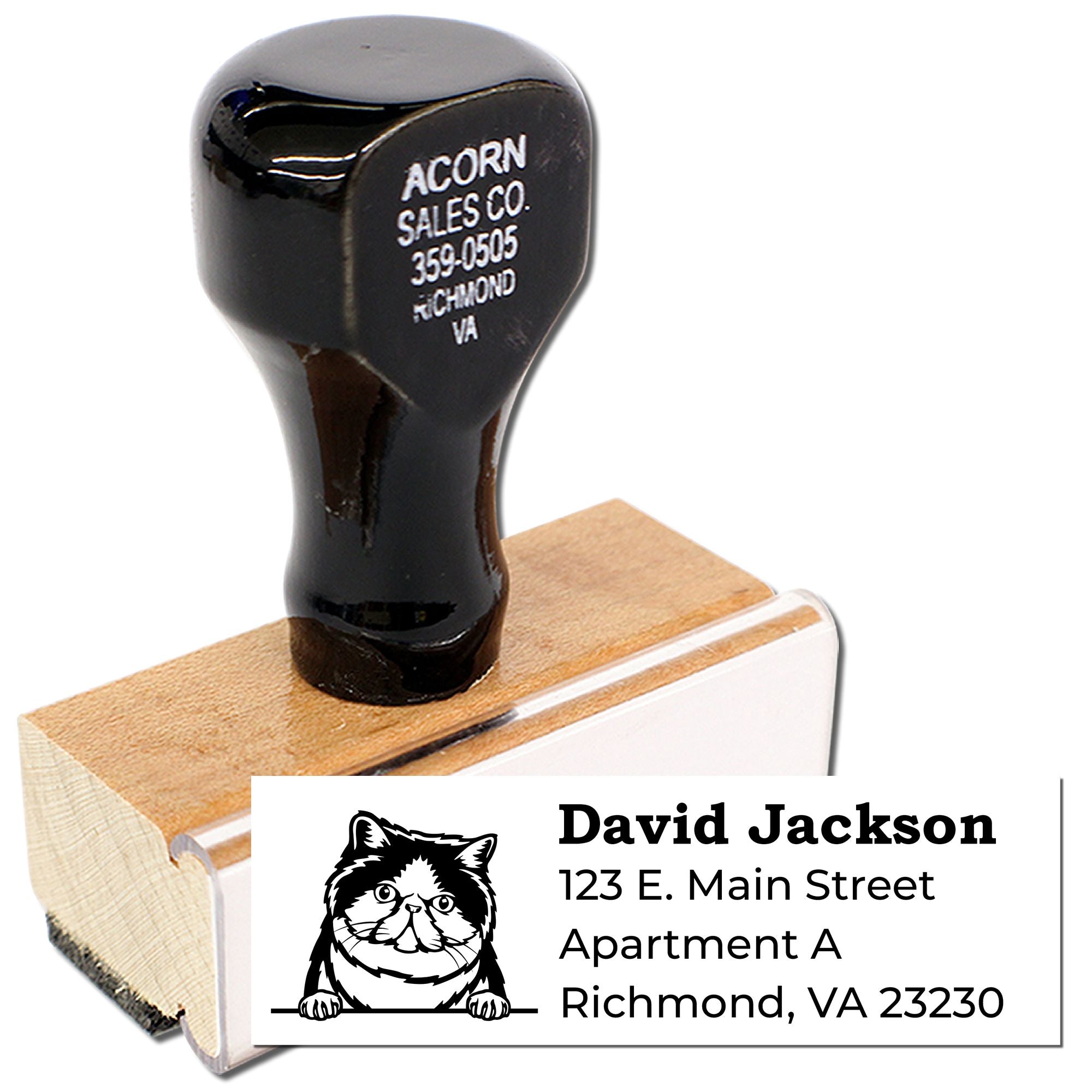 Personalized cat address rubber stamp with wooden handle, showing a sample imprint for Richmond, VA mailing labels.
