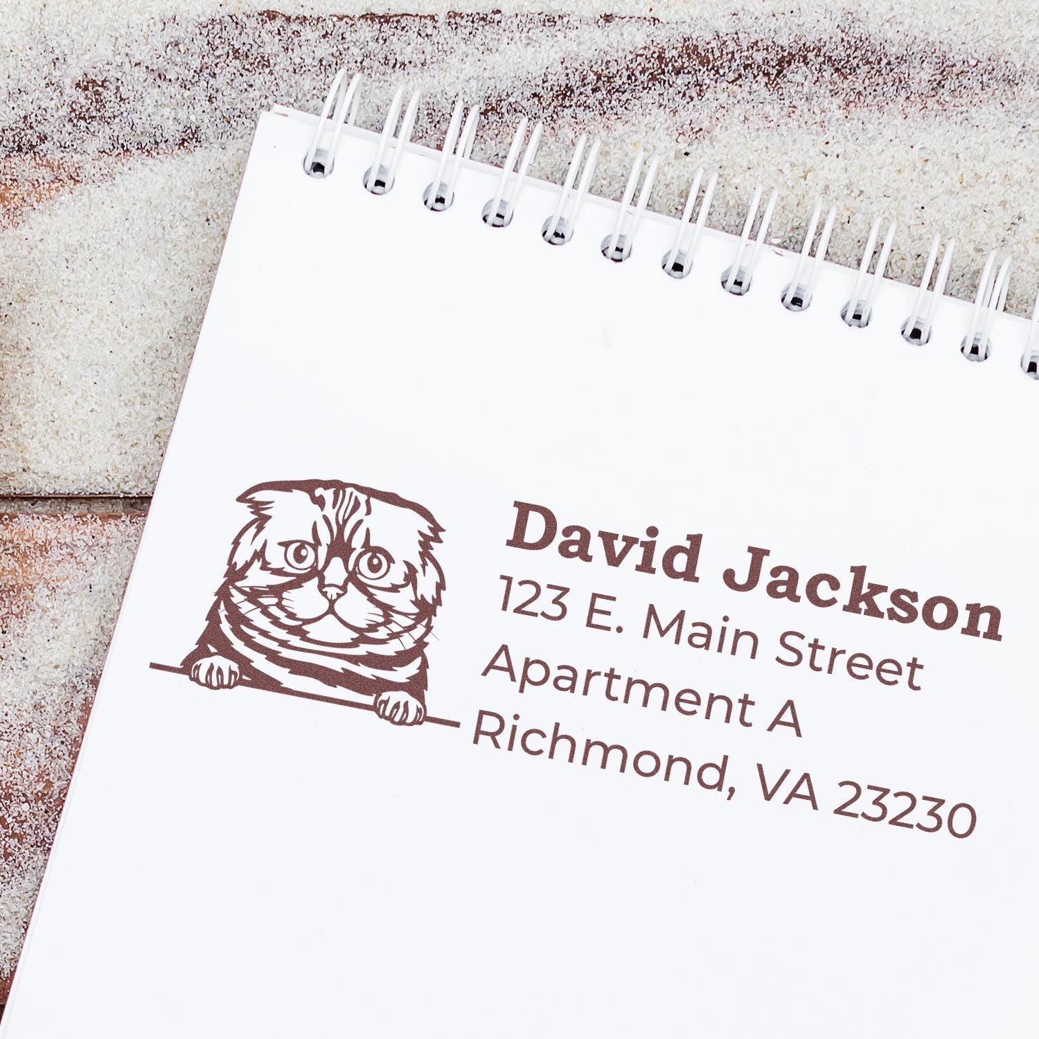 Custom cat return address rubber stamp with name and mailing address, stamped on a notebook for personalized labeling.