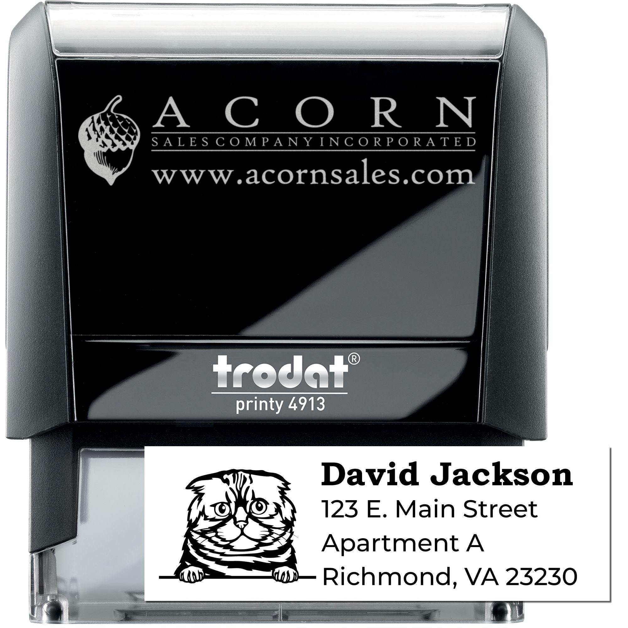Custom self-inking rubber stamp with logo and address, Trodat Printy 4913 for business mailing and branding.