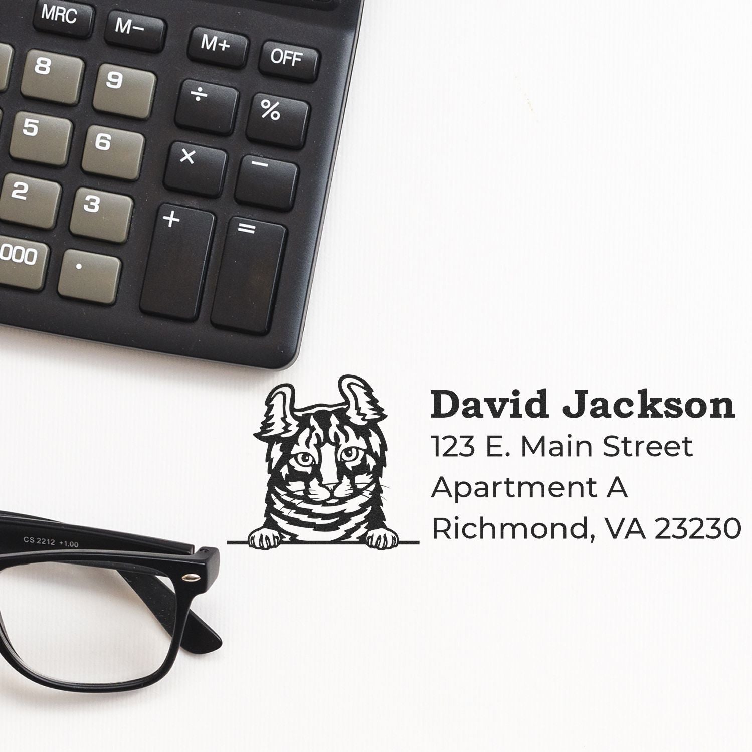 Custom return address rubber stamp with cat logo, name, and Richmond, VA address beside calculator and glasses.