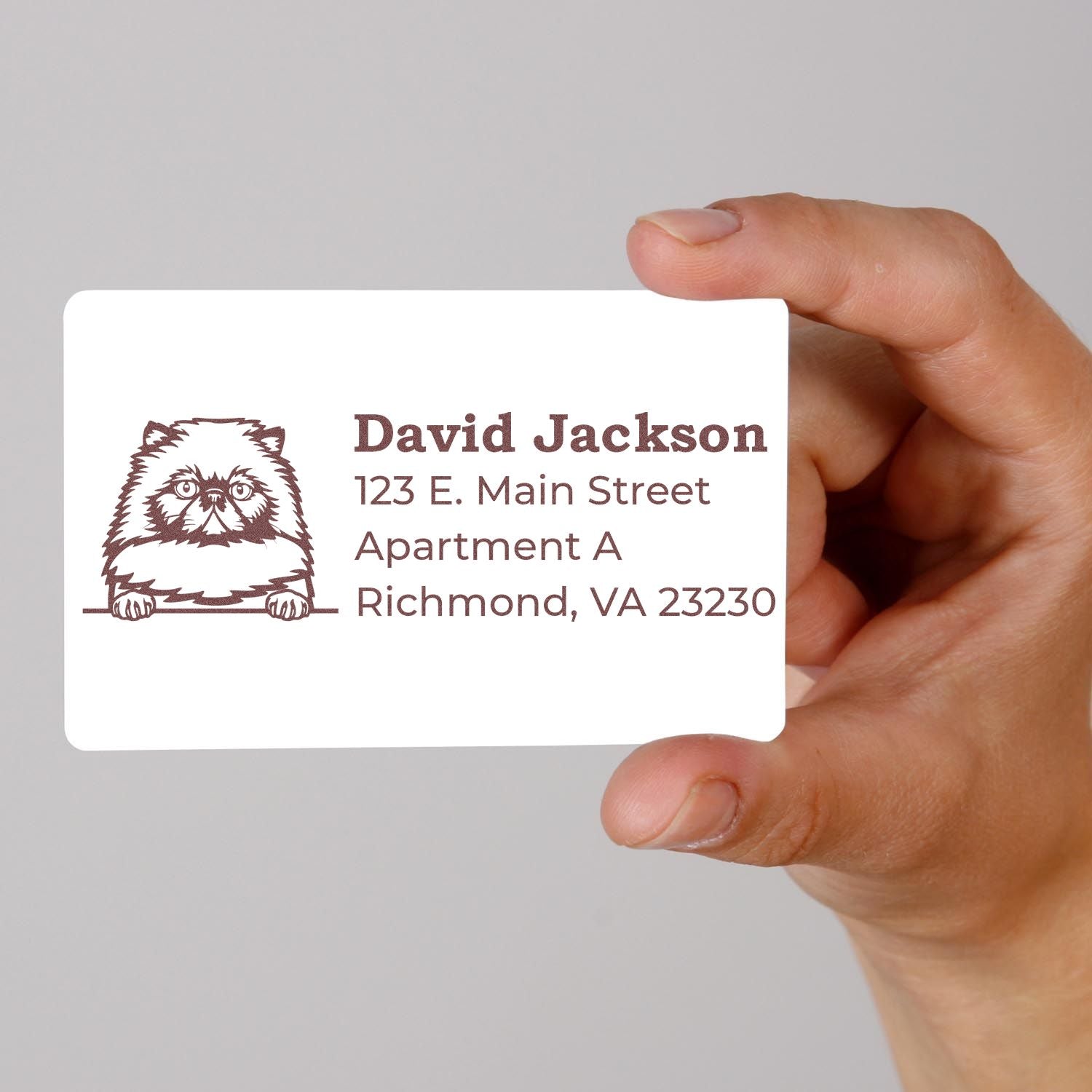 Custom address rubber stamp with pet illustration and personalized return address for David Jackson, Richmond, VA.