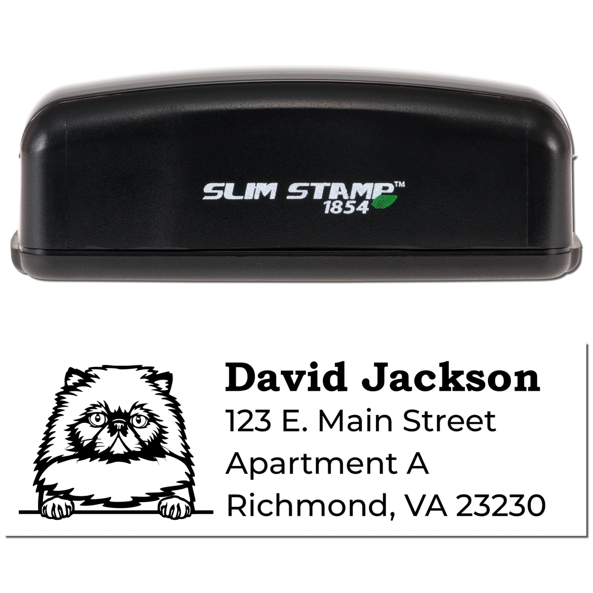 Custom Slim Stamp 1854 self-inking rubber stamp with dog logo and return address for David Jackson, Richmond, VA 23230.