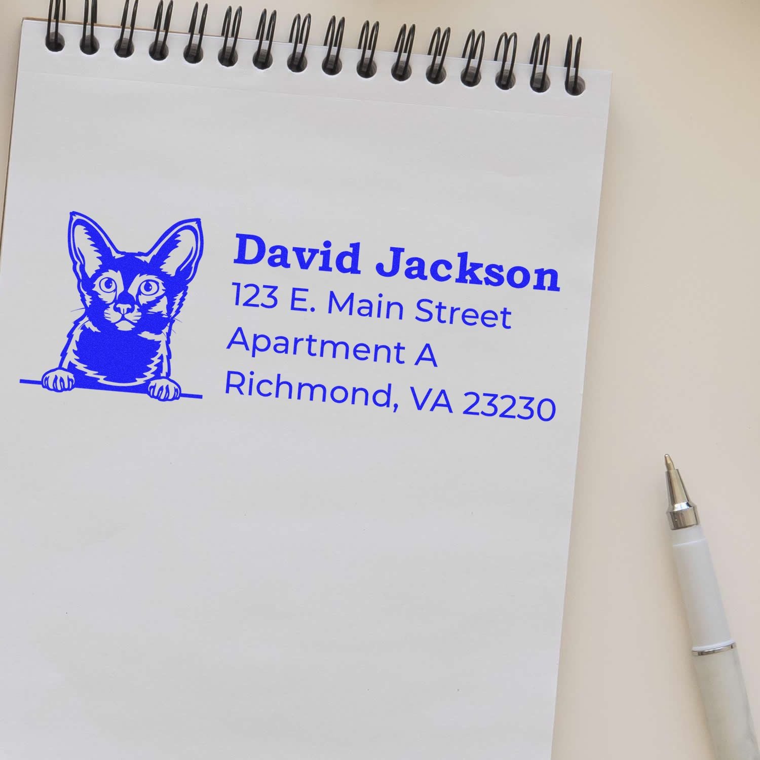 Personalized cat return address rubber stamp with name and mailing address in blue ink