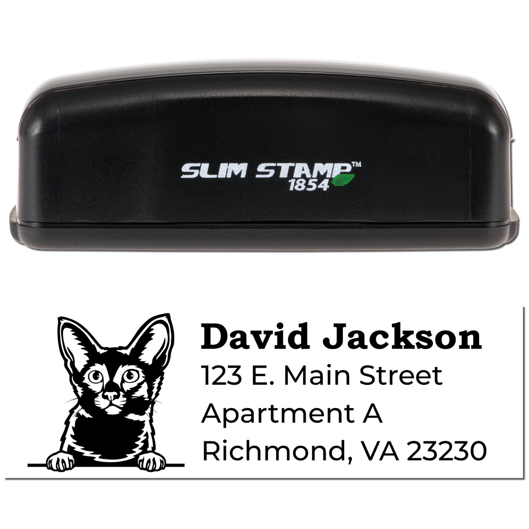 Personalized self-inking Slim Stamp 1854 custom address rubber stamp with cat logo for David Jackson, Richmond VA.