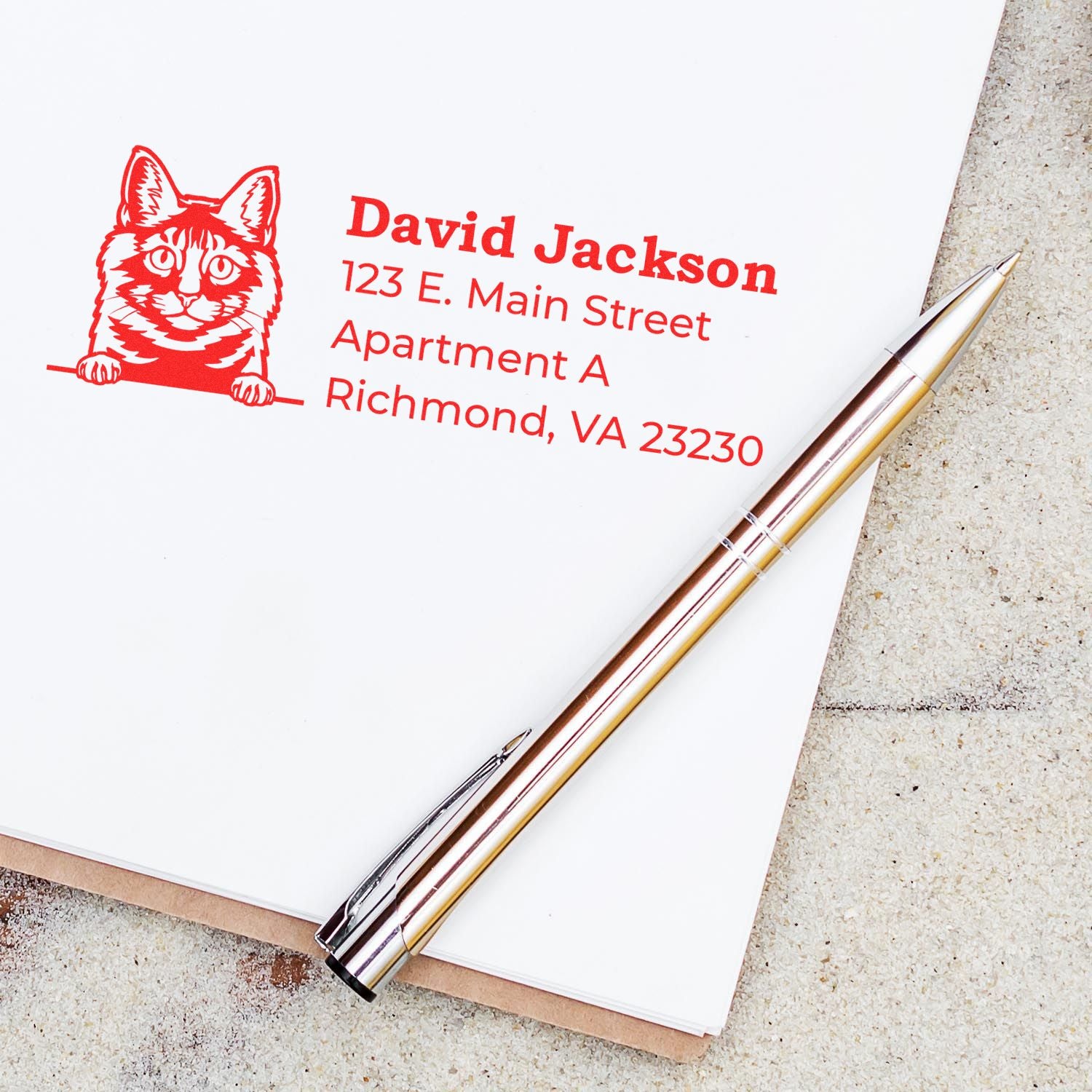 Custom cat return address rubber stamp with name and Richmond, VA address on stationery, printed in red ink.