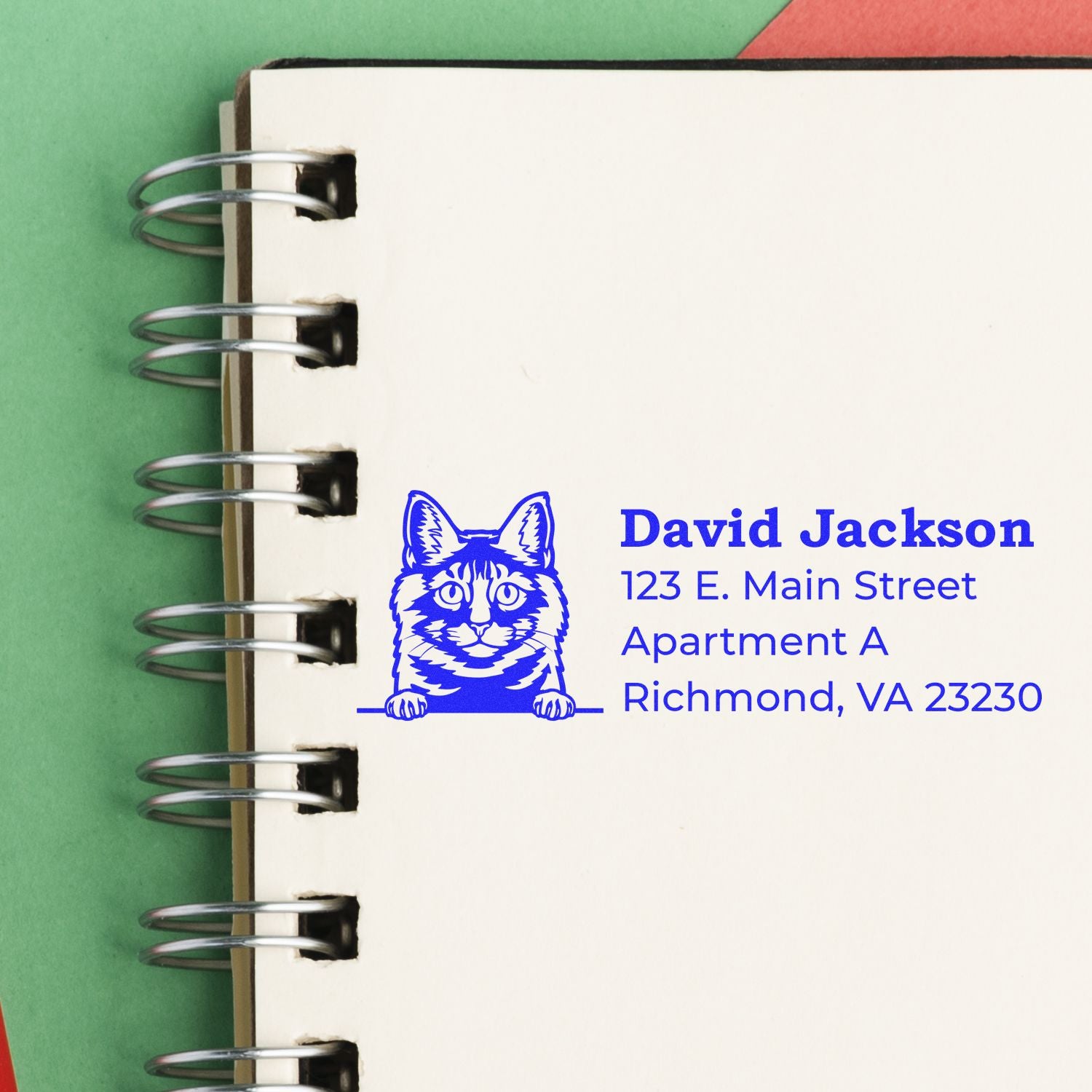 Personalized cat address rubber stamp with David Jacksons Richmond, VA return address on a notebook.