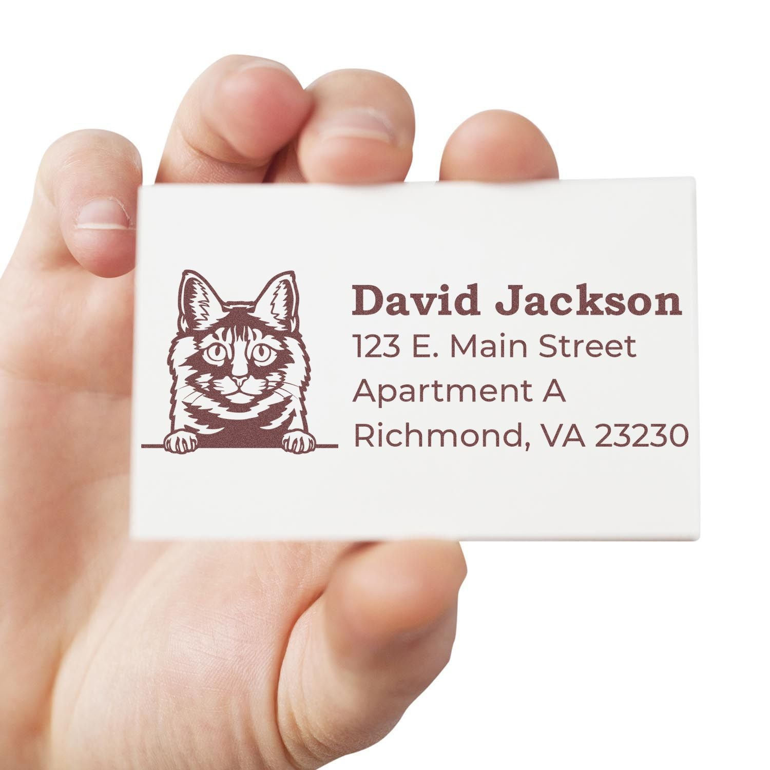 Custom cat return address rubber stamp with name and Richmond, VA address, held in hand for mail and packaging.