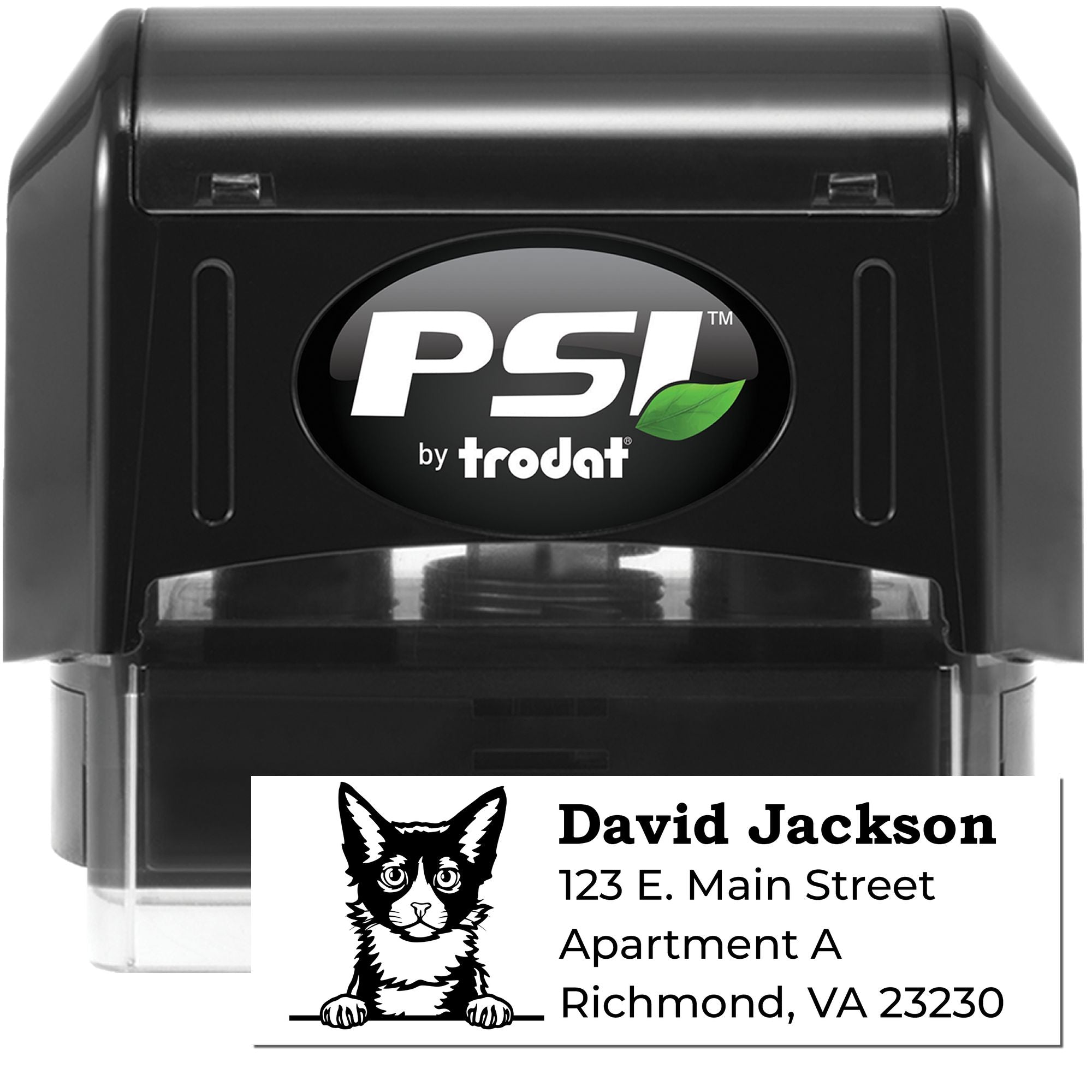 PSI by Trodat self-inking rubber stamp with custom address design and cat logo for David Jackson, Richmond VA