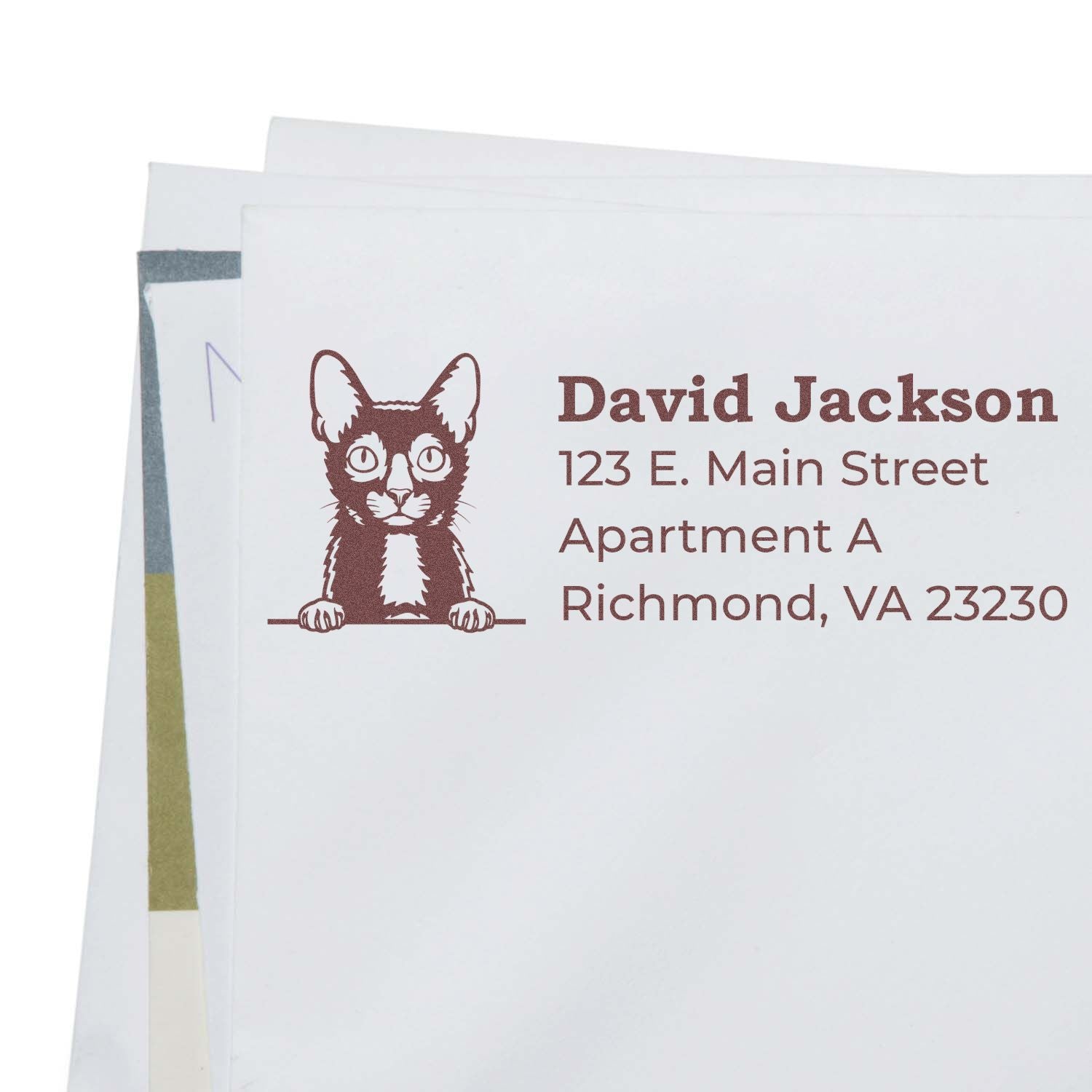 Personalized cat return address rubber stamp for envelopes with name, street address, apartment, and Richmond, VA ZIP code.
