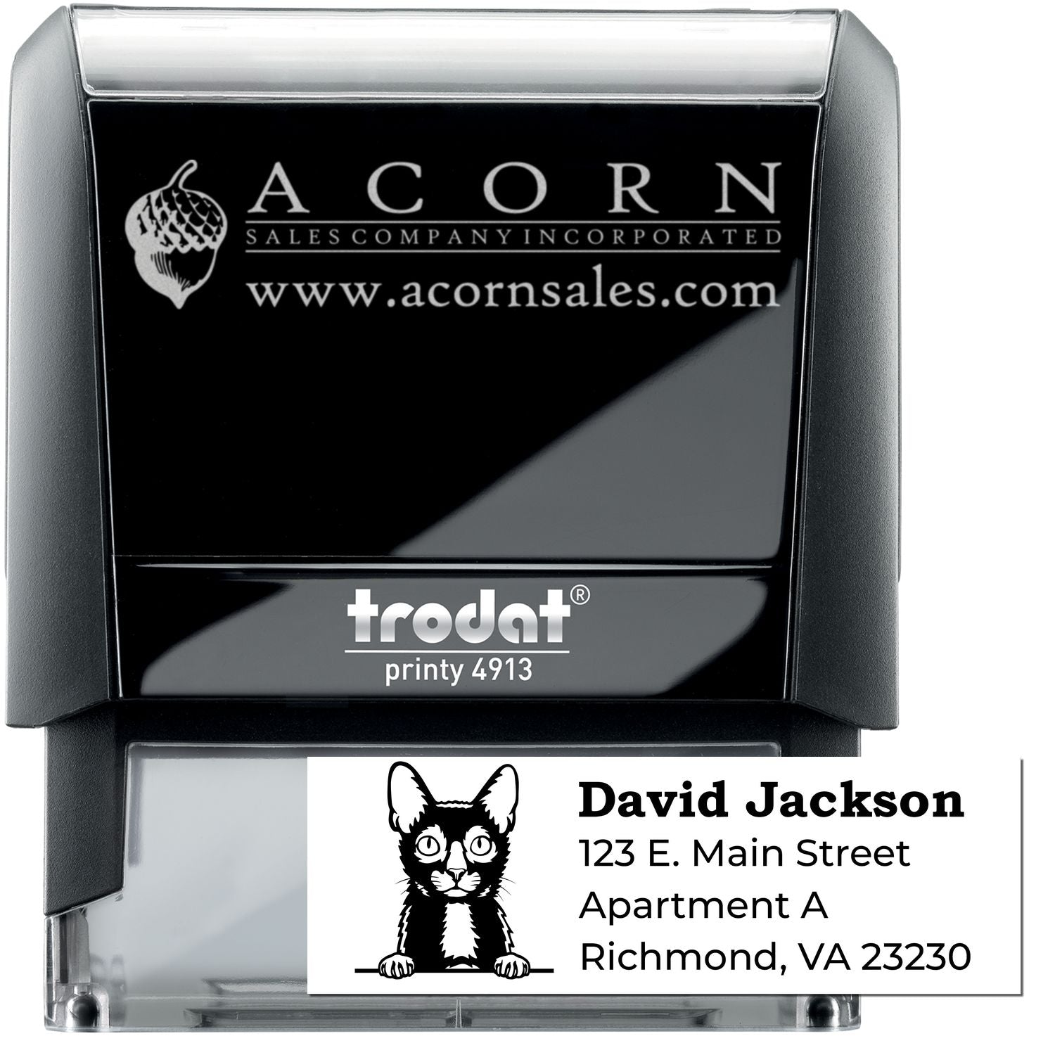Custom self-inking rubber stamp, Trodat Printy 4913, with logo and address imprint examples for business mailing.