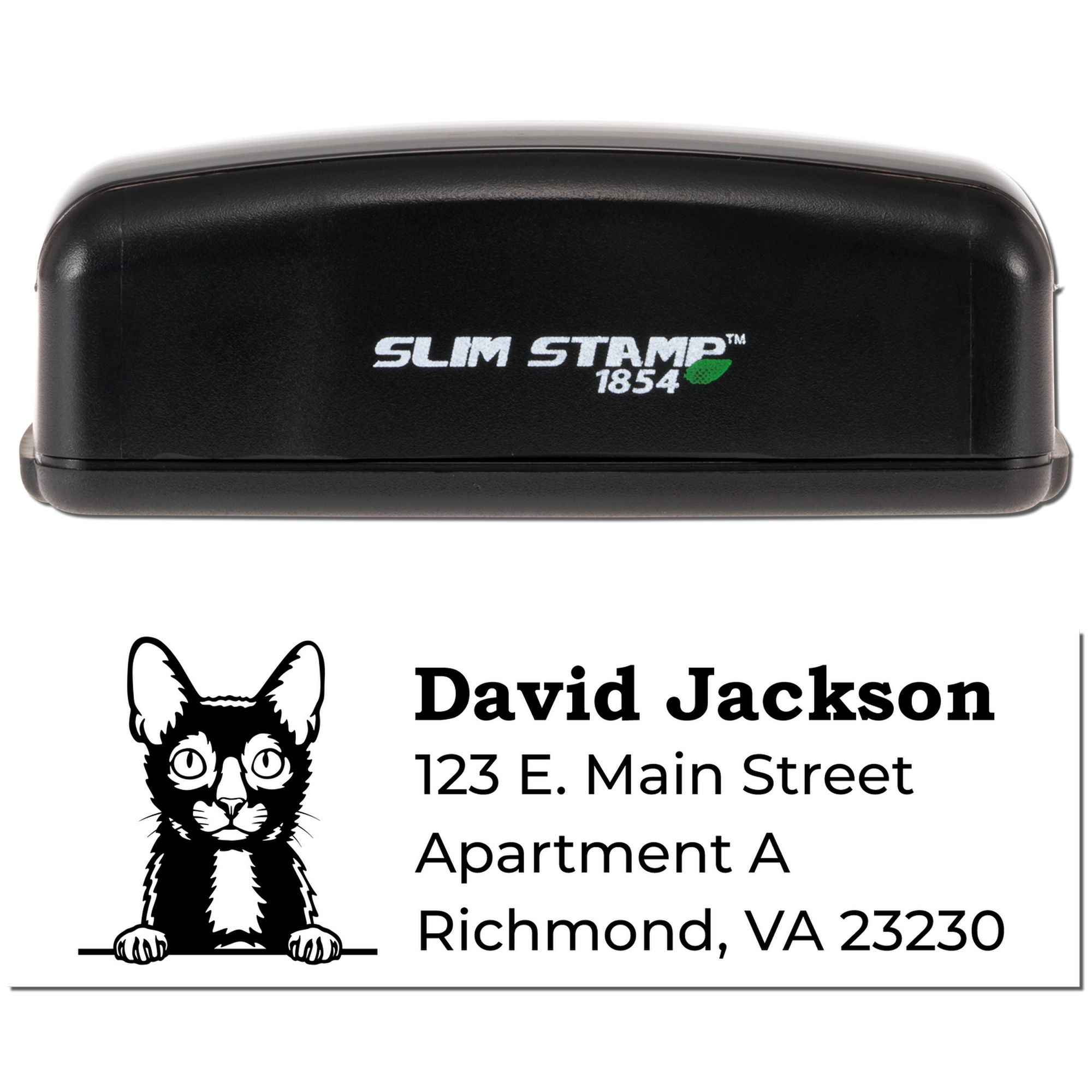 Custom return address rubber stamp with cat design for David Jackson, 123 E. Main Street, Richmond, VA 23230.