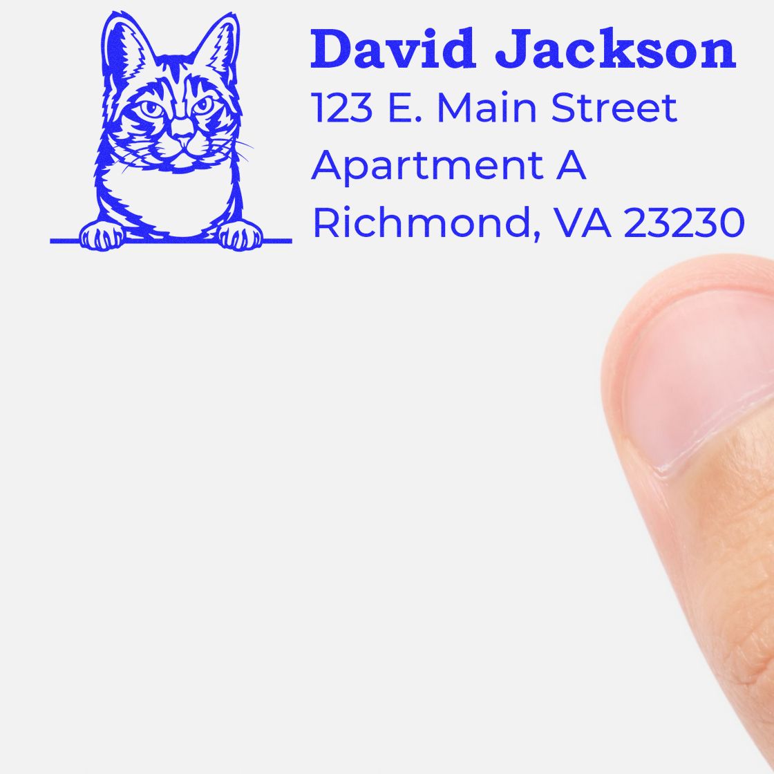 Custom cat return address rubber stamp with David Jackson, 123 E. Main Street, Apartment A, Richmond, VA 23230