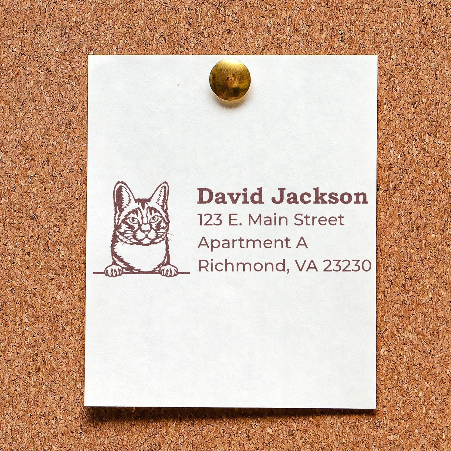 Custom cat return address rubber stamp with name and Richmond, VA address on a note pinned to a corkboard.