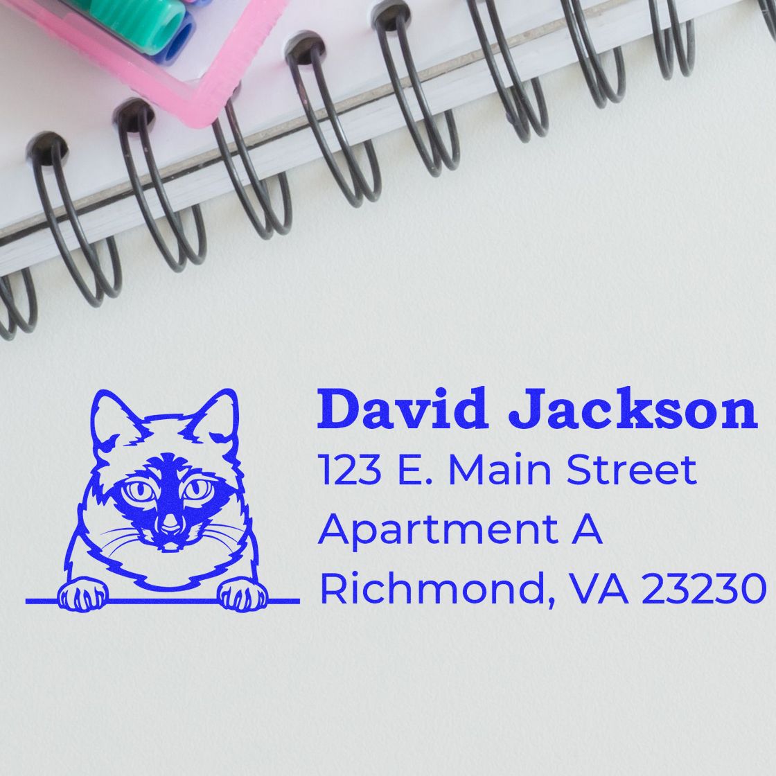 Personalized cat address rubber stamp with name and mailing address for envelopes, notebooks, and stationery.