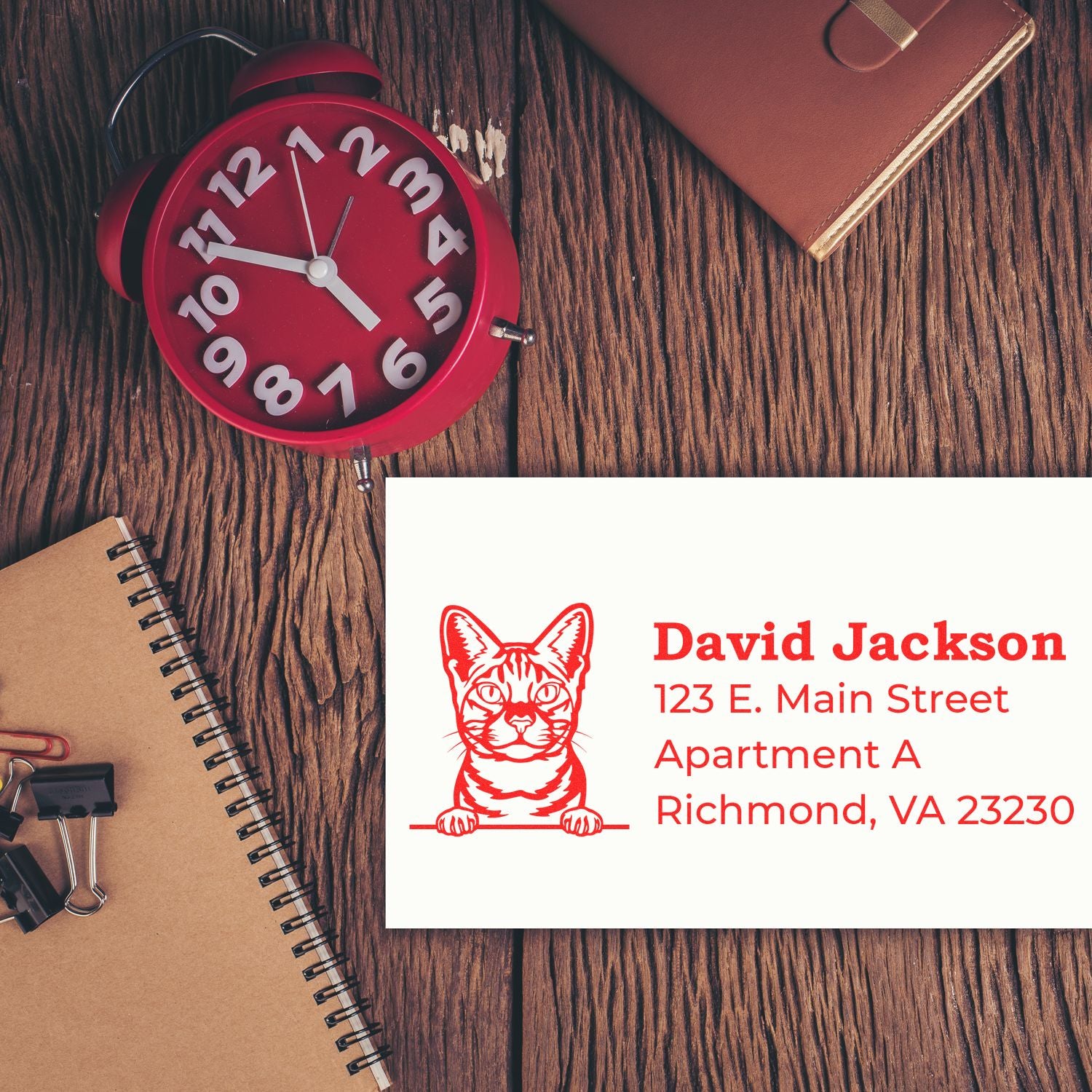Custom rubber address stamp mockup with cat logo, name, and Richmond, VA mailing address for personal or business use.
