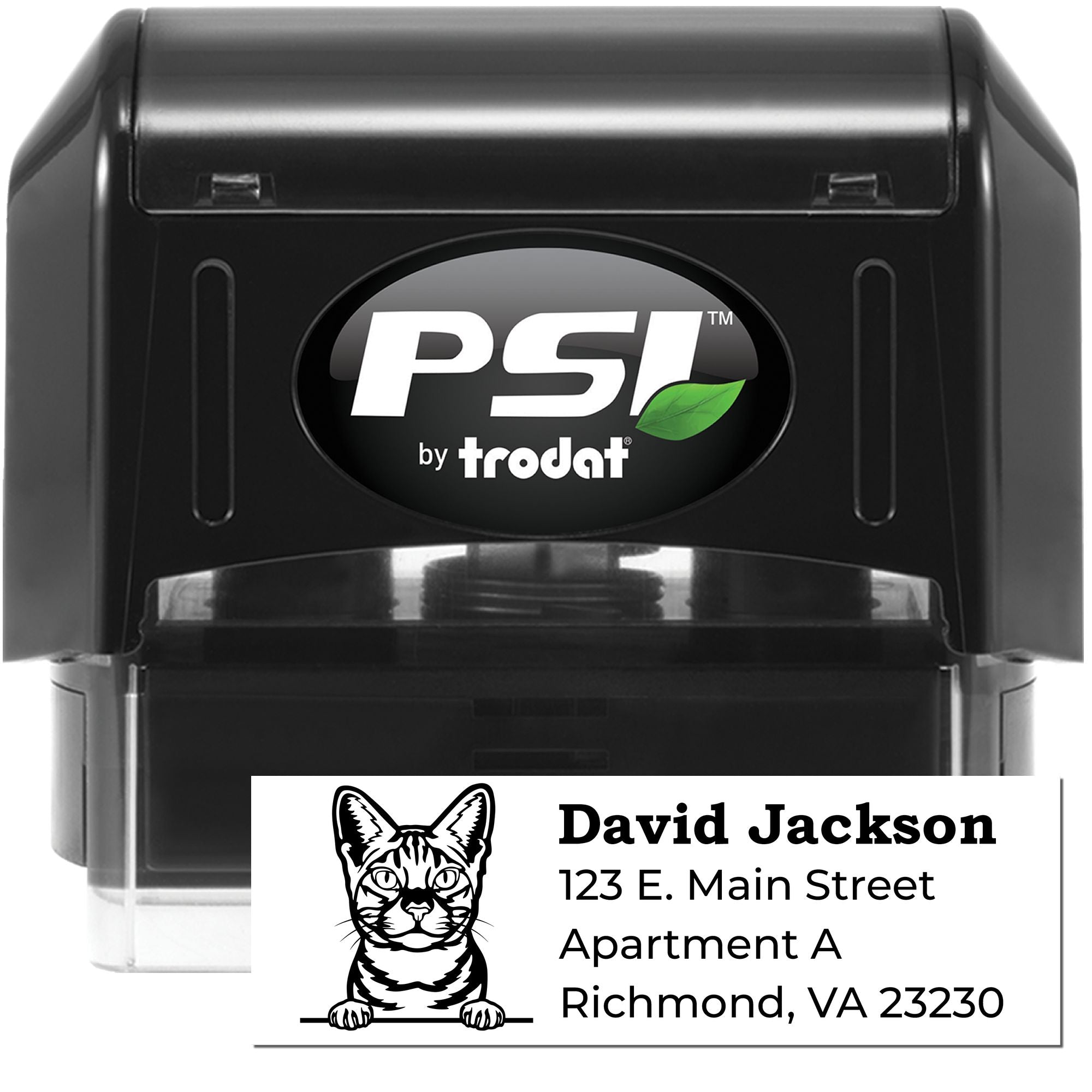 Custom PSI by Trodat self-inking rubber stamp for personalized return address labels with cat design.