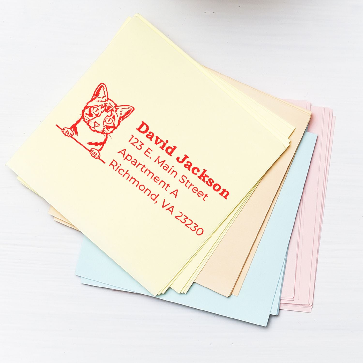 Custom return address rubber stamp with cat illustration on pastel envelopes for personalized mailing.