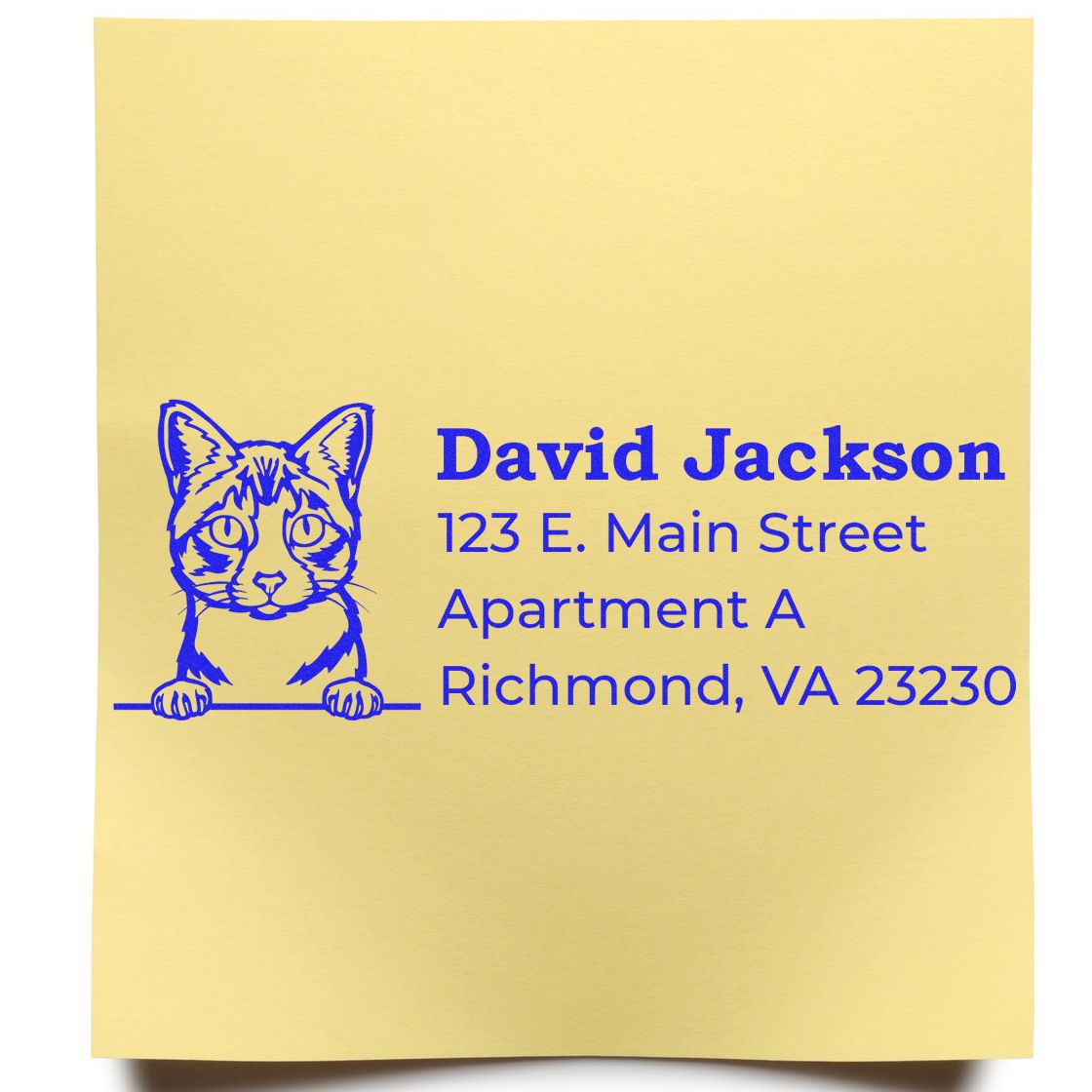 Personalized cat return address rubber stamp for David Jackson, Richmond VA, with custom mailing address and pet illustration.